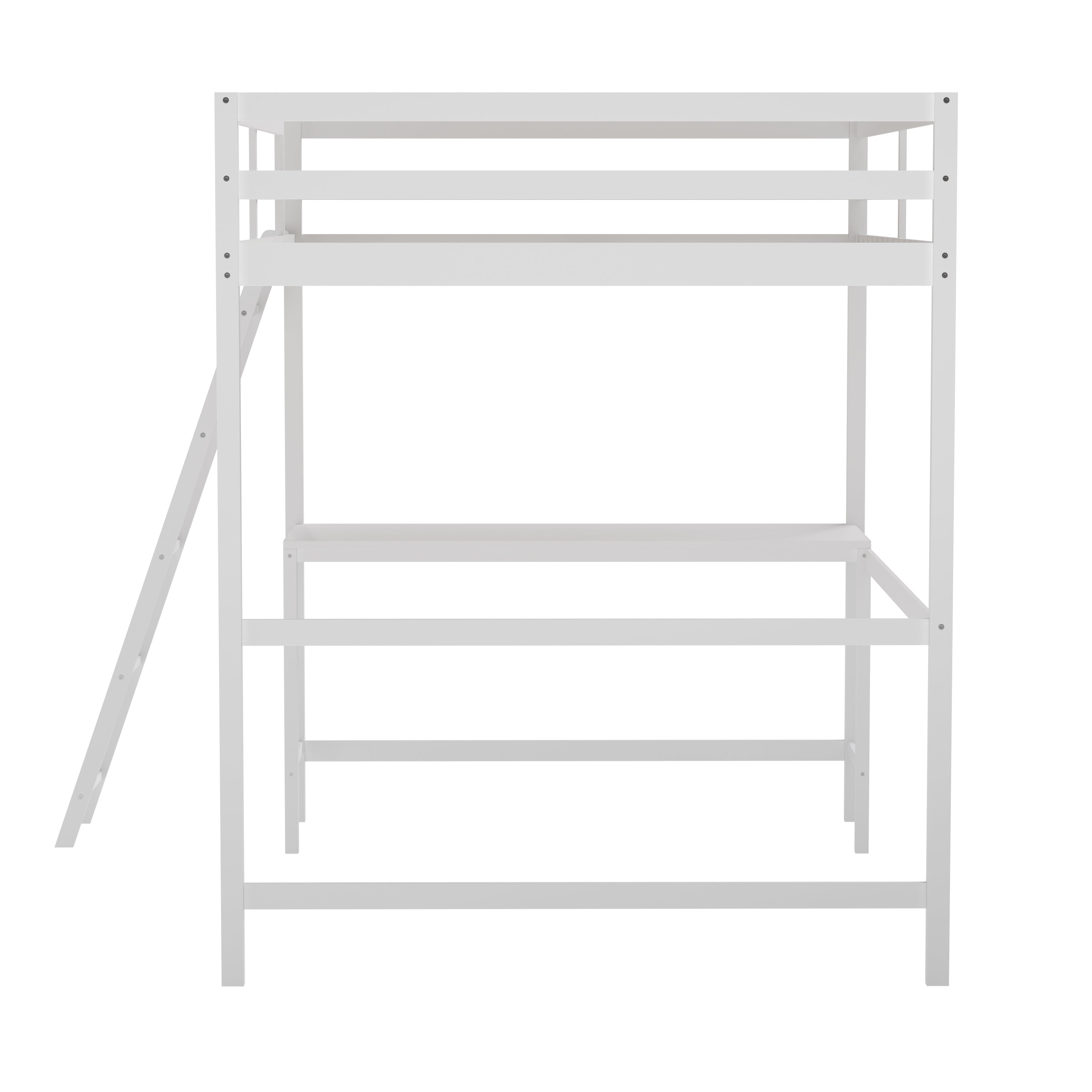 Riley Loft Bed Frame with Desk, Full Size Wooden Bed Frame with Protective Guard Rails & Ladder for Kids and Teens - White