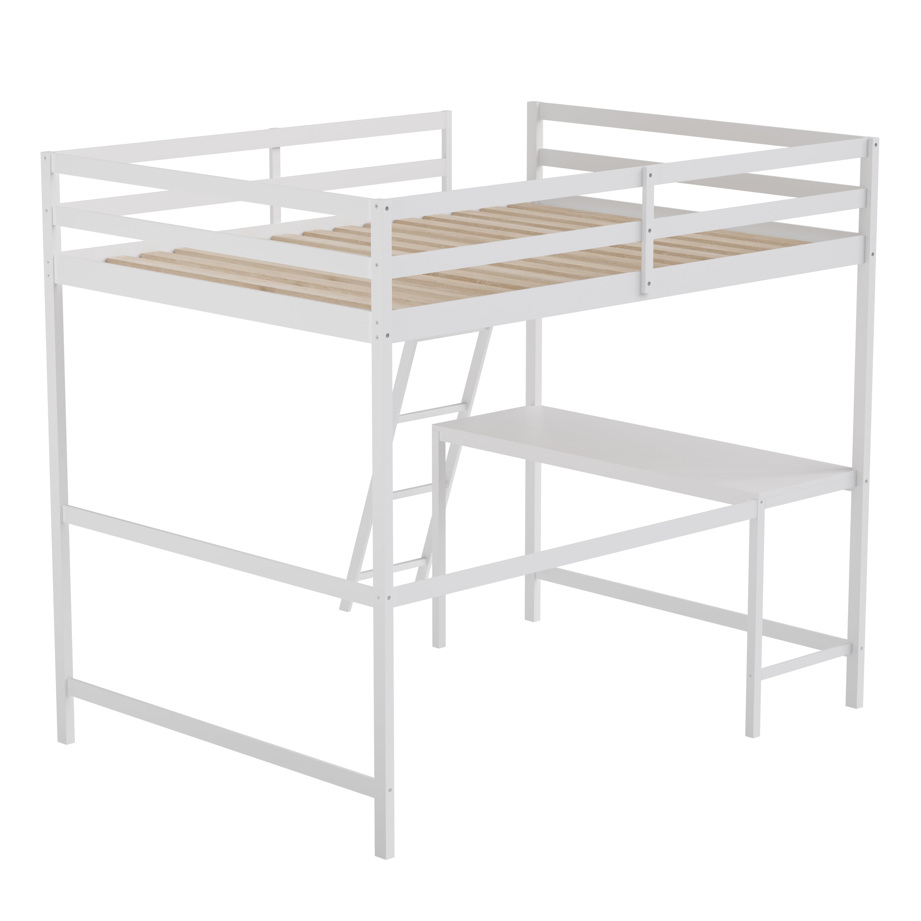 Riley Loft Bed Frame with Desk, Full Size Wooden Bed Frame with Protective Guard Rails & Ladder for Kids and Teens - White