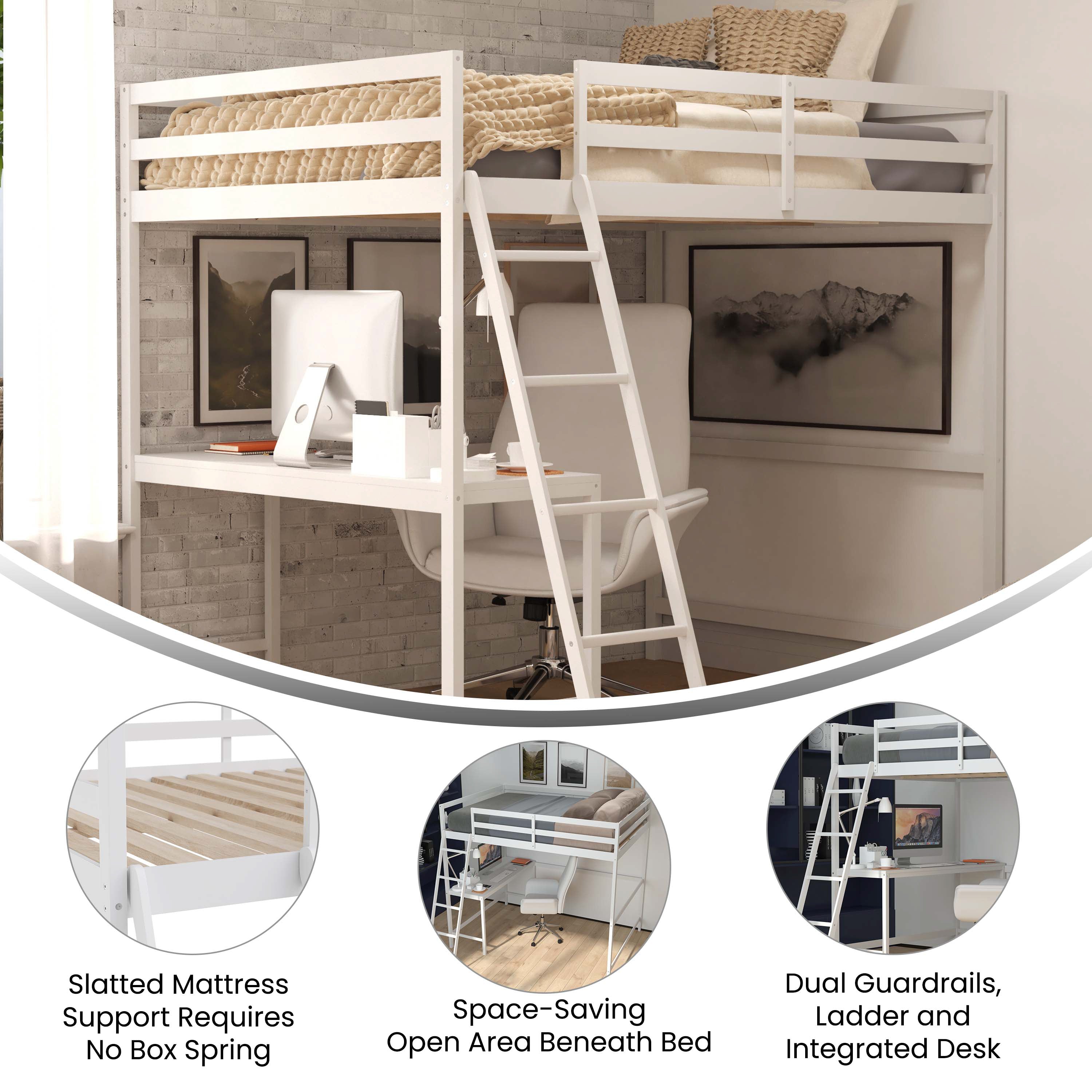 Riley Loft Bed Frame with Desk, Full Size Wooden Bed Frame with Protective Guard Rails & Ladder for Kids and Teens - White
