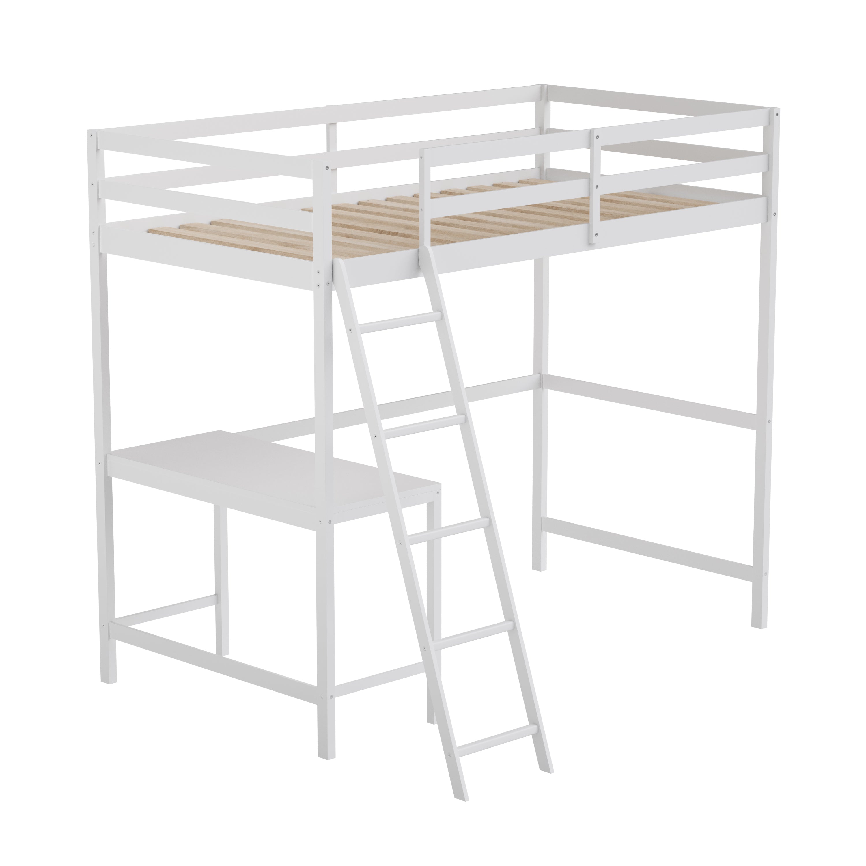 Riley Loft Bed Frame with Desk, Twin Size Wooden Bed Frame with Protective Guard Rails & Ladder for Kids and Teens - White