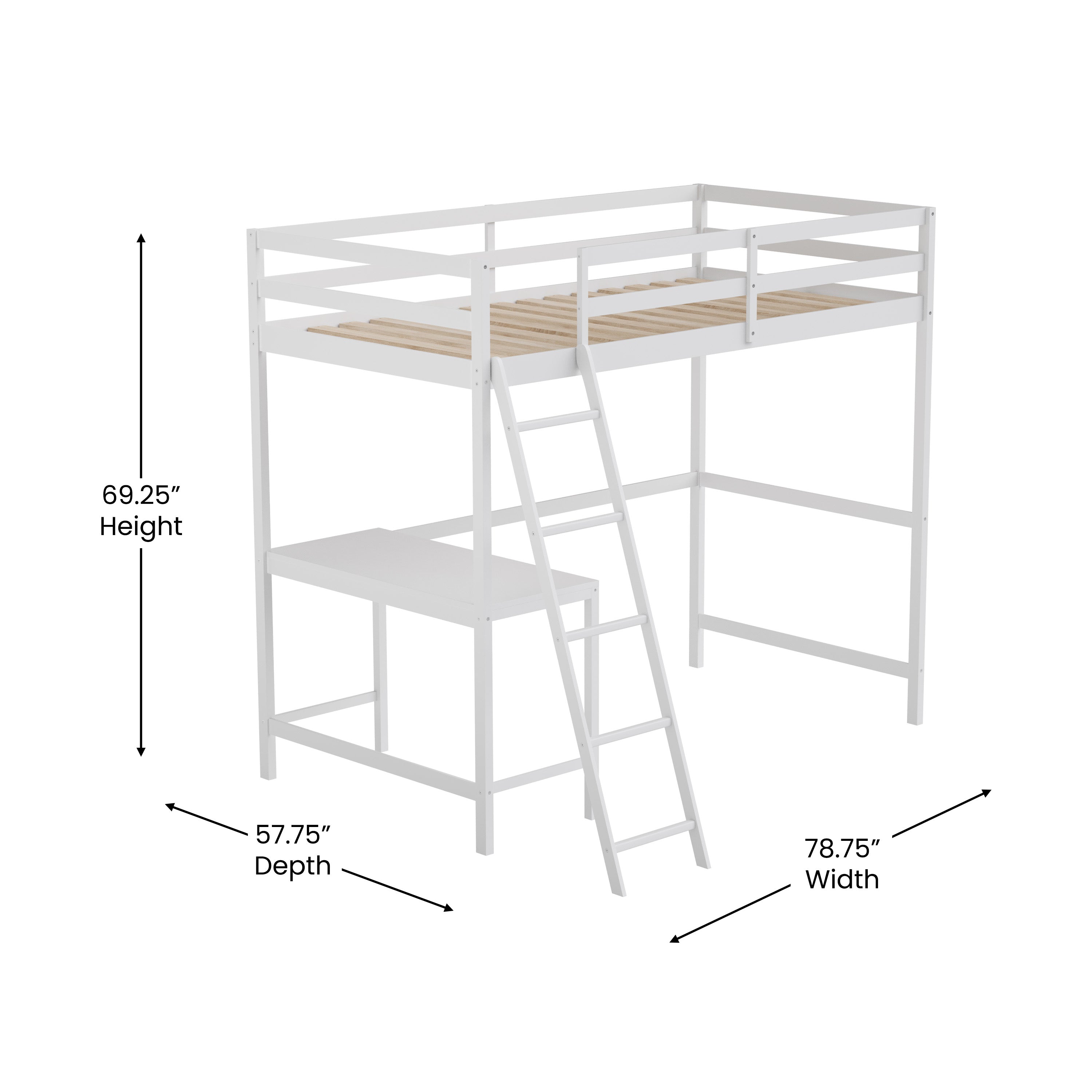 Riley Loft Bed Frame with Desk, Twin Size Wooden Bed Frame with Protective Guard Rails & Ladder for Kids and Teens - White