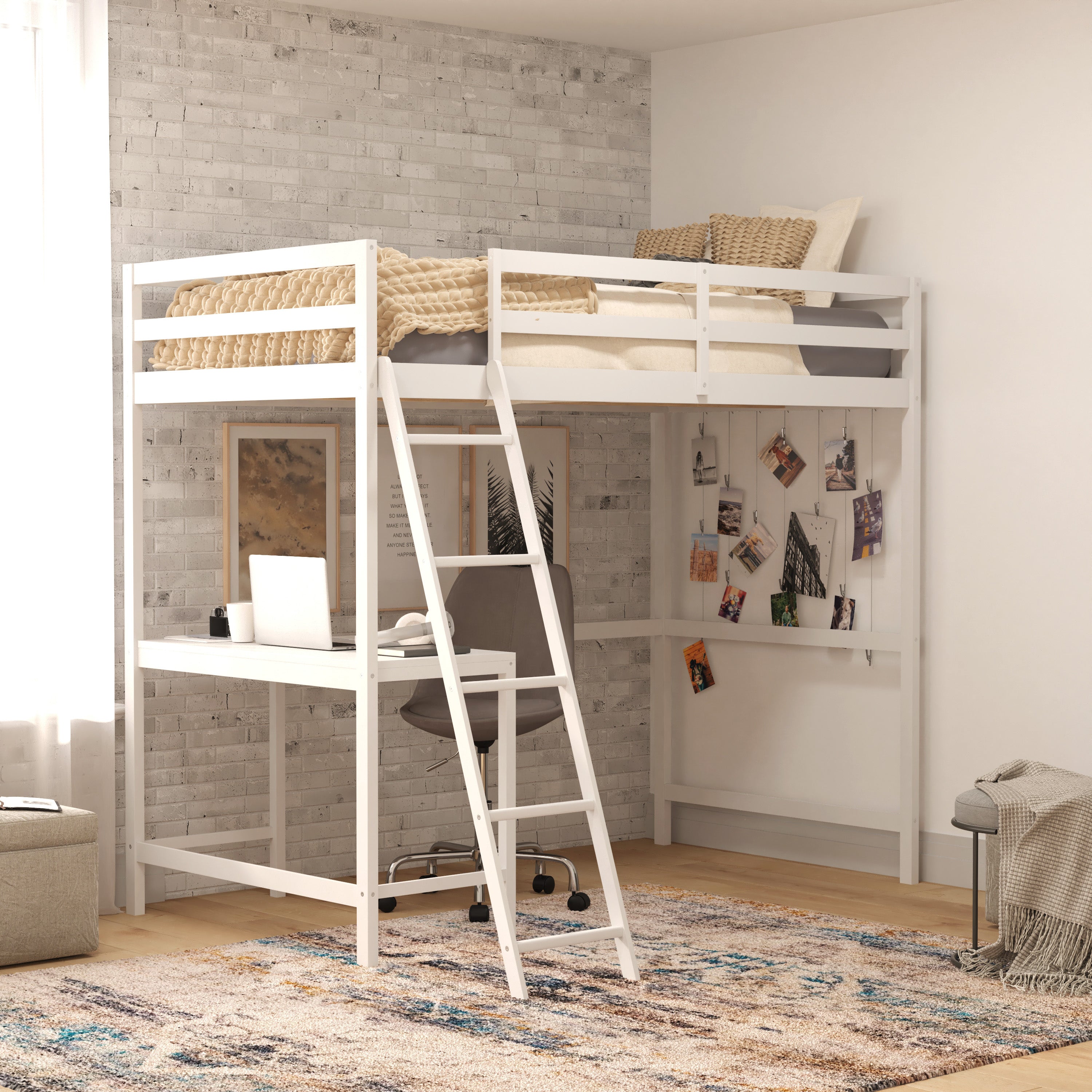 Riley Loft Bed Frame with Desk, Twin Size Wooden Bed Frame with Protective Guard Rails & Ladder for Kids and Teens - White
