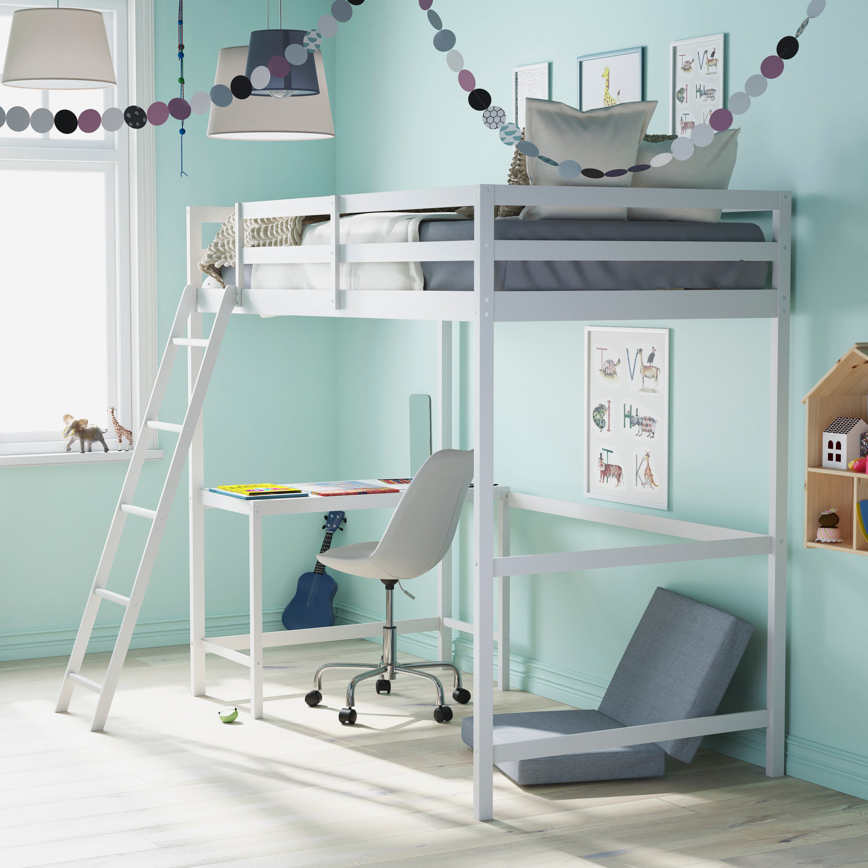 Riley Loft Bed Frame with Desk, Twin Size Wooden Bed Frame with Protective Guard Rails & Ladder for Kids and Teens - White