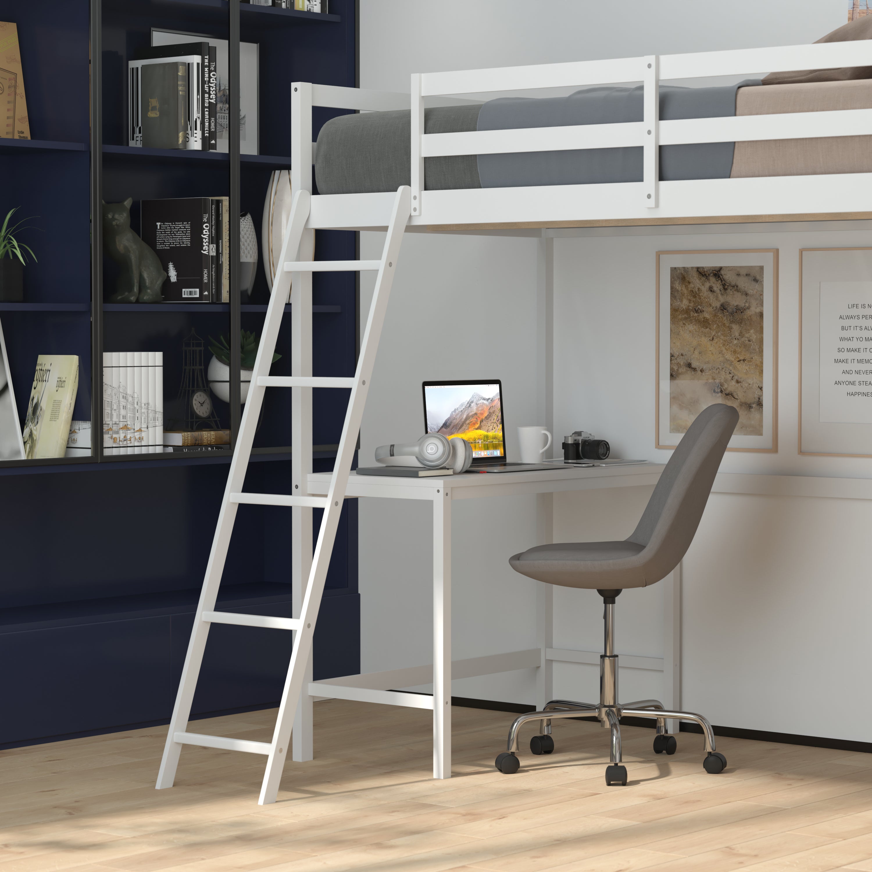 Riley Loft Bed Frame with Desk, Twin Size Wooden Bed Frame with Protective Guard Rails & Ladder for Kids and Teens - White