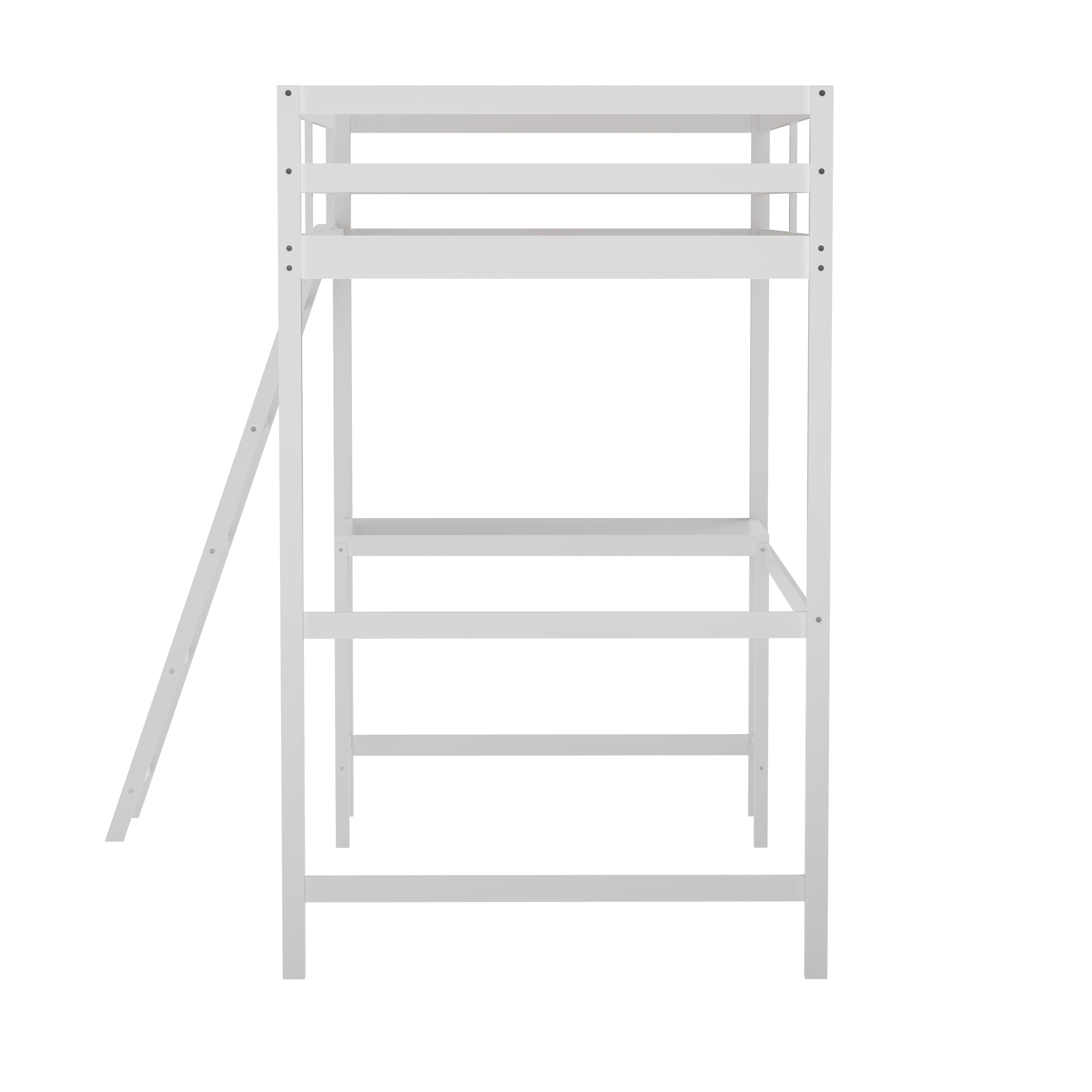 Riley Loft Bed Frame with Desk, Twin Size Wooden Bed Frame with Protective Guard Rails & Ladder for Kids and Teens - White