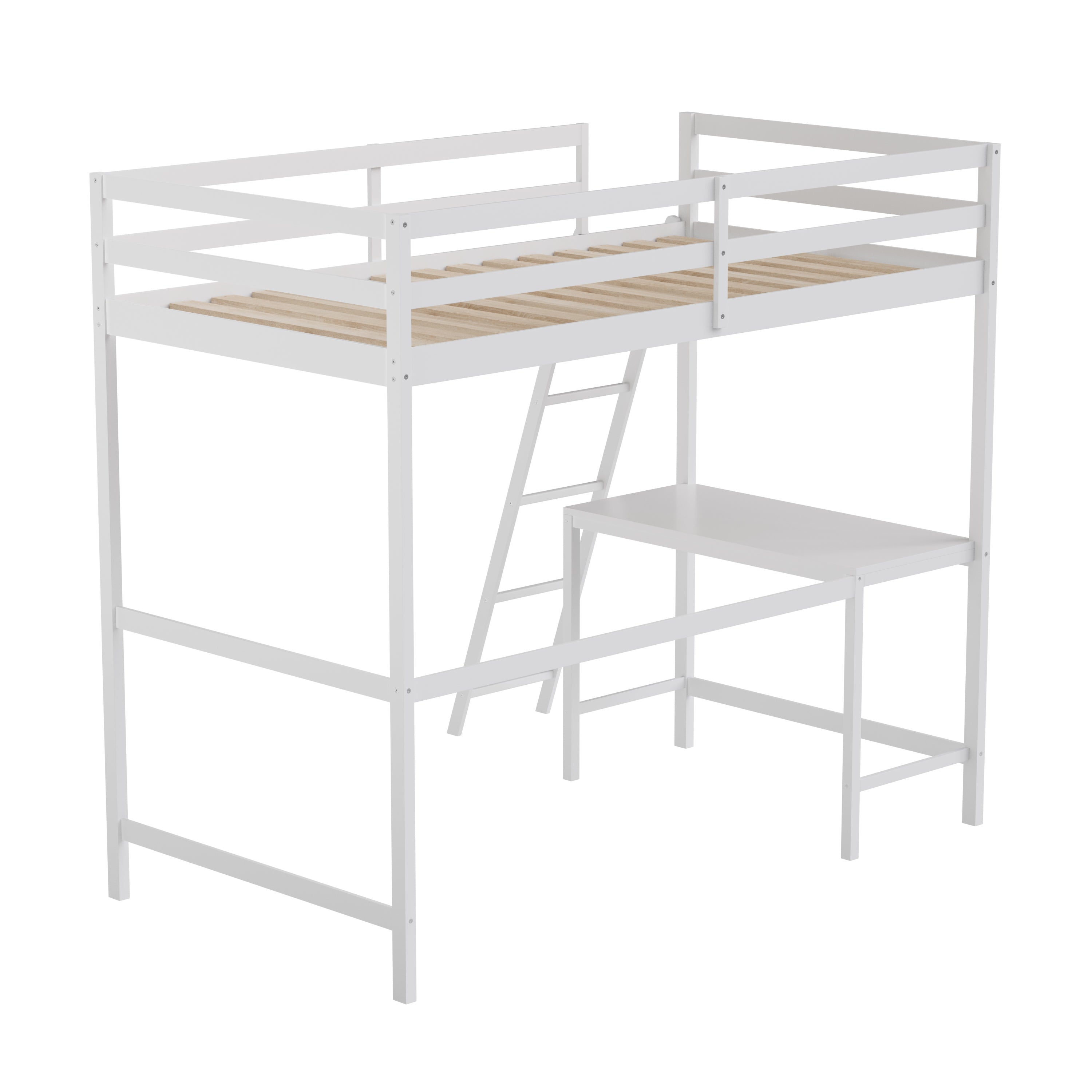 Riley Loft Bed Frame with Desk, Twin Size Wooden Bed Frame with Protective Guard Rails & Ladder for Kids and Teens - White