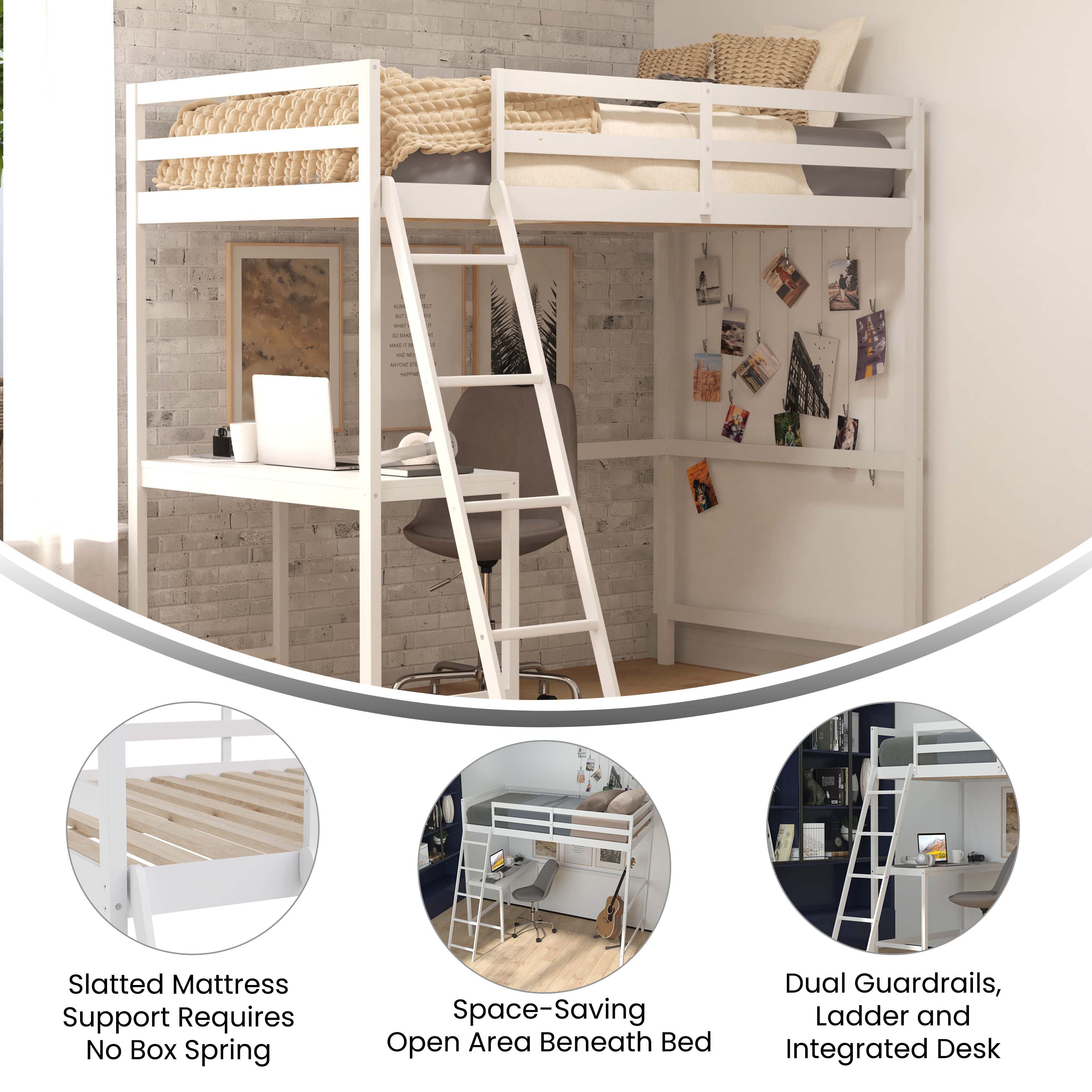 Riley Loft Bed Frame with Desk, Twin Size Wooden Bed Frame with Protective Guard Rails & Ladder for Kids and Teens - White