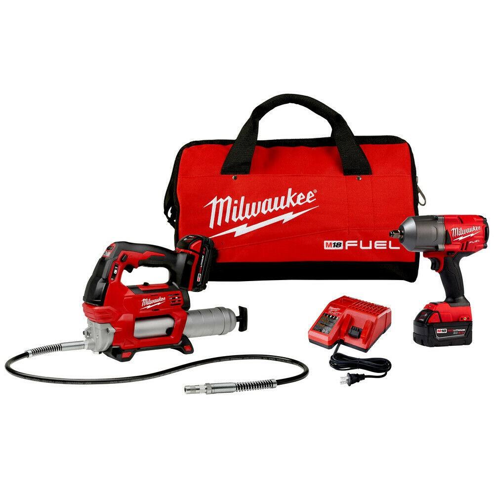Milwaukee M18 FUEL™ High Torque ½” Impact Wrench with Friction Ring Kit, Includes: (2) M18™ REDLITHIUM™ XC5.0 Extended Capacity Battery Pack (48-11-1850), (1) M18™ & M12™ Rapid Charger (48-59-1808), Grease Gun