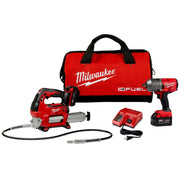 Milwaukee M18 FUEL™ High Torque ½” Impact Wrench with Friction Ring Kit, Includes: (2) M18™ REDLITHIUM™ XC5.0 Extended Capacity Battery Pack (48-11-1850), (1) M18™ & M12™ Rapid Charger (48-59-1808), Grease Gun