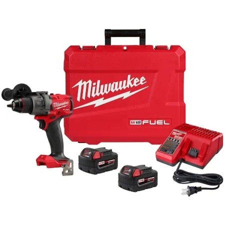 M18 FUEL 1/2" Hammer Drill/Driver Kit, Includes M18 Extended Capacity Battery Pack, M18 & M12 Multi-Voltage Charger, Side Handle, and Blow Molded Case.