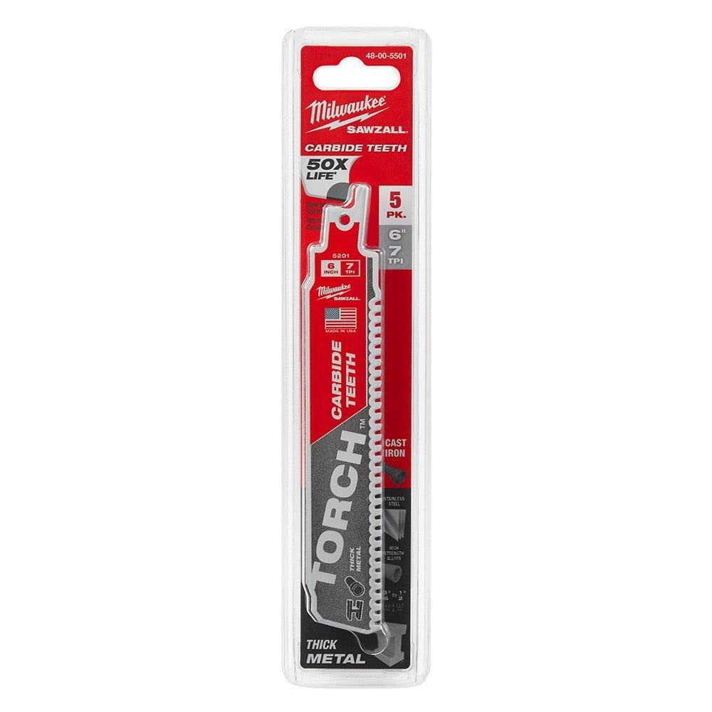 Reciprocating Saw Blade, Carbide, 6 Inch L, 1 Inch W, 5PK