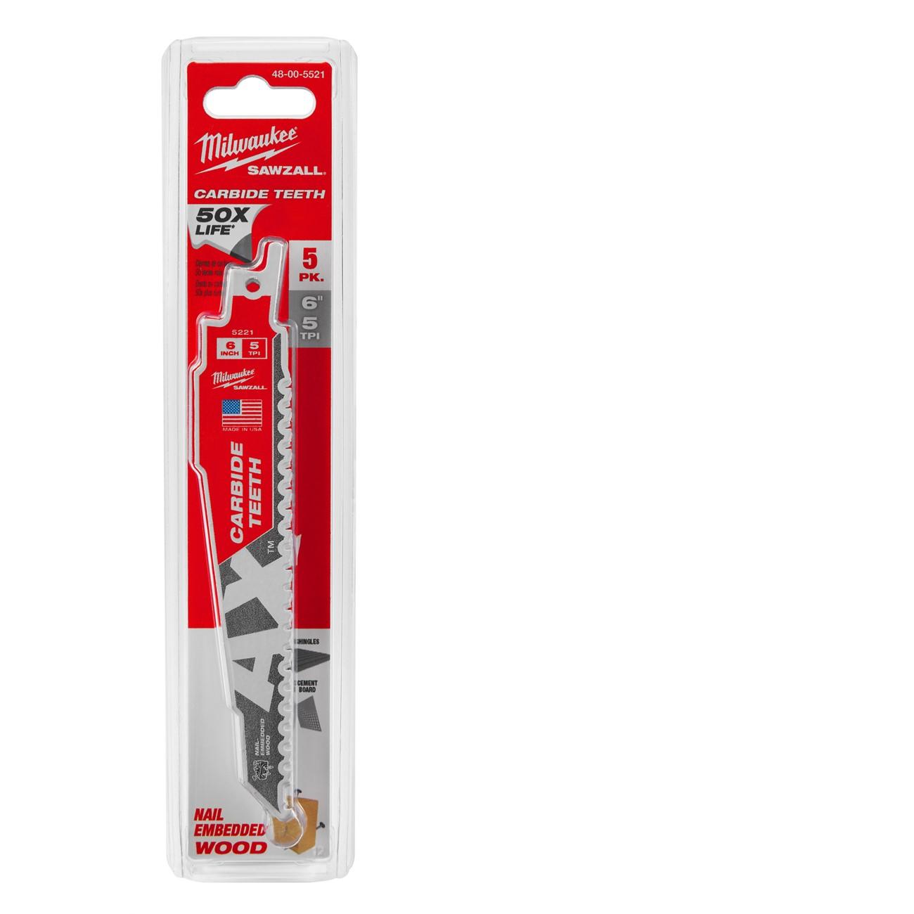 Reciprocating Saw Blade, Carbide, 6 Inch L, 1 Inch W, 5PK