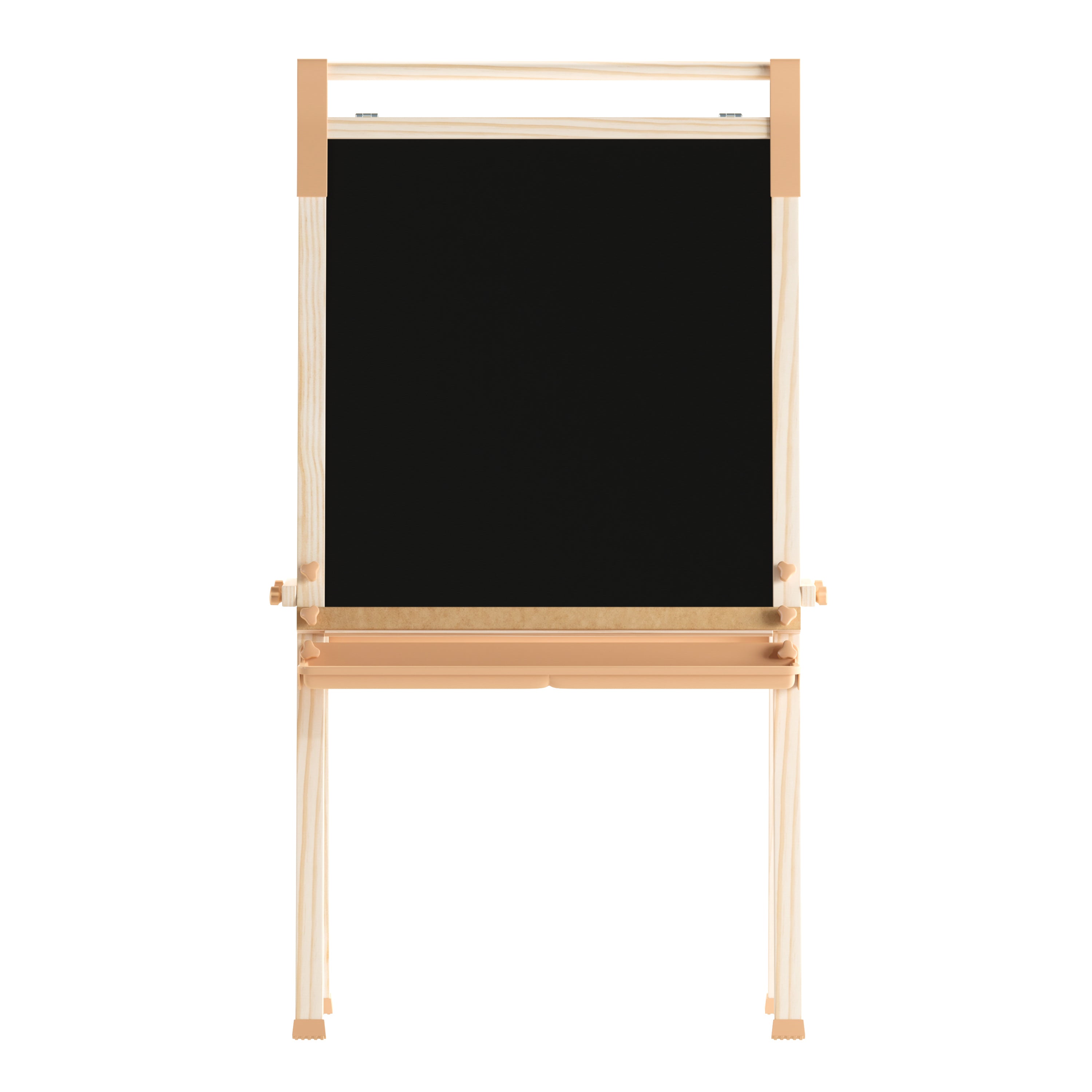 Bright Beginnings Commercial Classroom Freestanding Wood Art Easel with Chalk Board, Dry -Erase Board, 2 Trays, Paper Roller, Paper Tear Bar, Natural