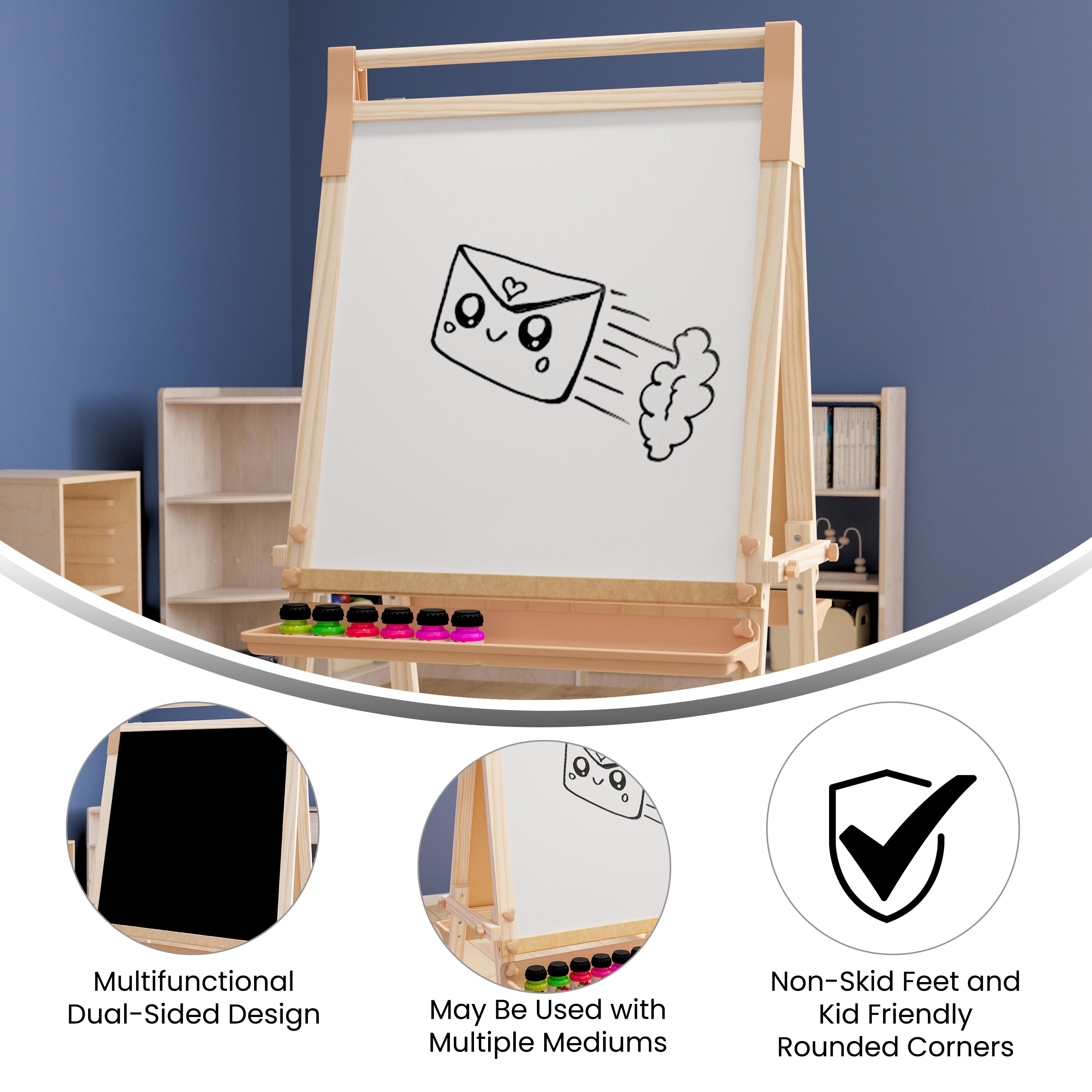 Bright Beginnings Commercial Classroom Freestanding Wood Art Easel with Chalk Board, Dry -Erase Board, 2 Trays, Paper Roller, Paper Tear Bar, Natural