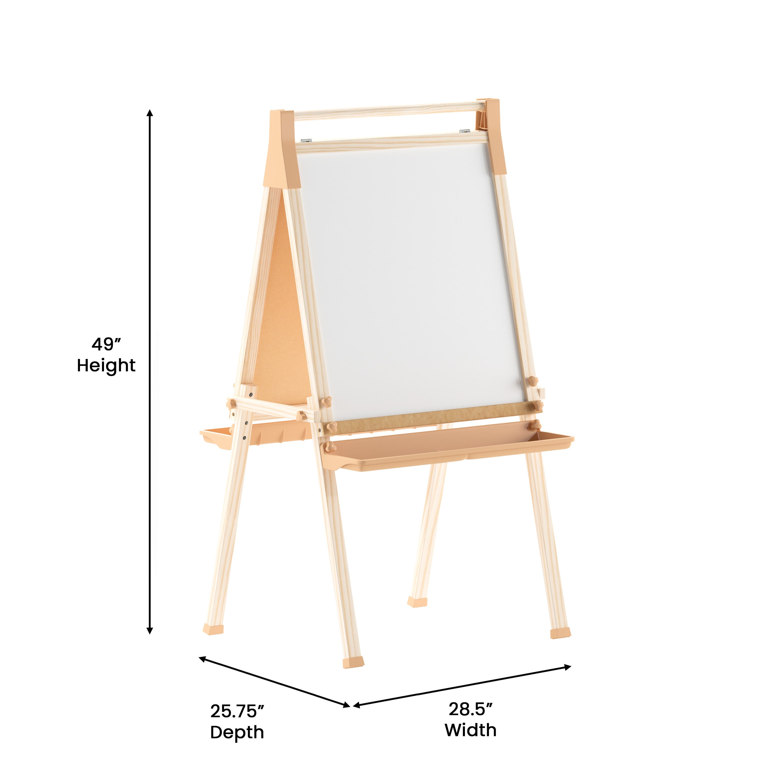 Bright Beginnings Commercial Classroom Freestanding Wood Art Easel with Chalk Board, Dry -Erase Board, 2 Trays, Paper Roller, Paper Tear Bar, Natural