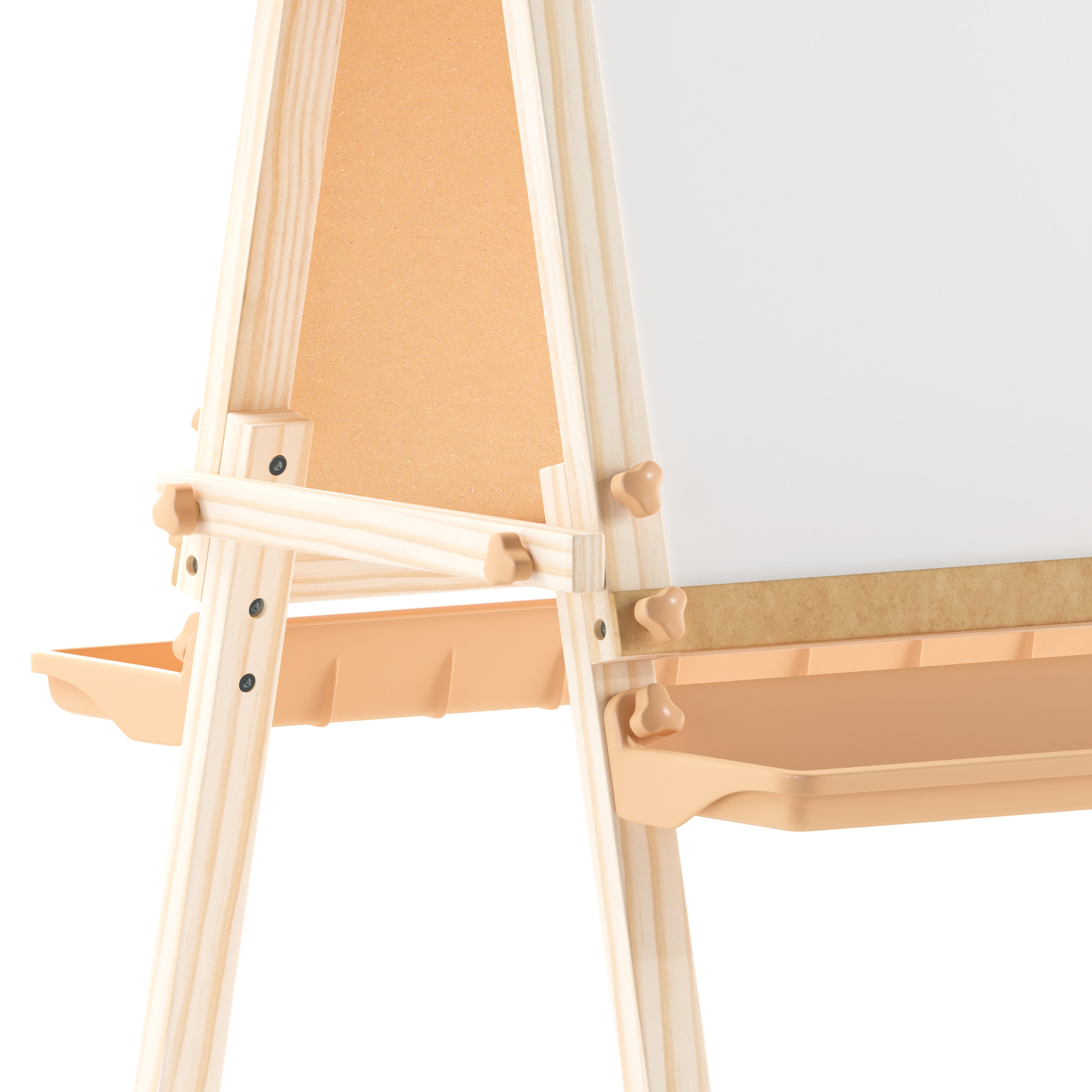 Bright Beginnings Commercial Classroom Freestanding Wood Art Easel with Chalk Board, Dry -Erase Board, 2 Trays, Paper Roller, Paper Tear Bar, Natural