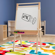 Bright Beginnings Commercial Classroom Freestanding Wood Art Easel with Chalk Board, Dry -Erase Board, 2 Trays, Paper Roller, Paper Tear Bar, Natural