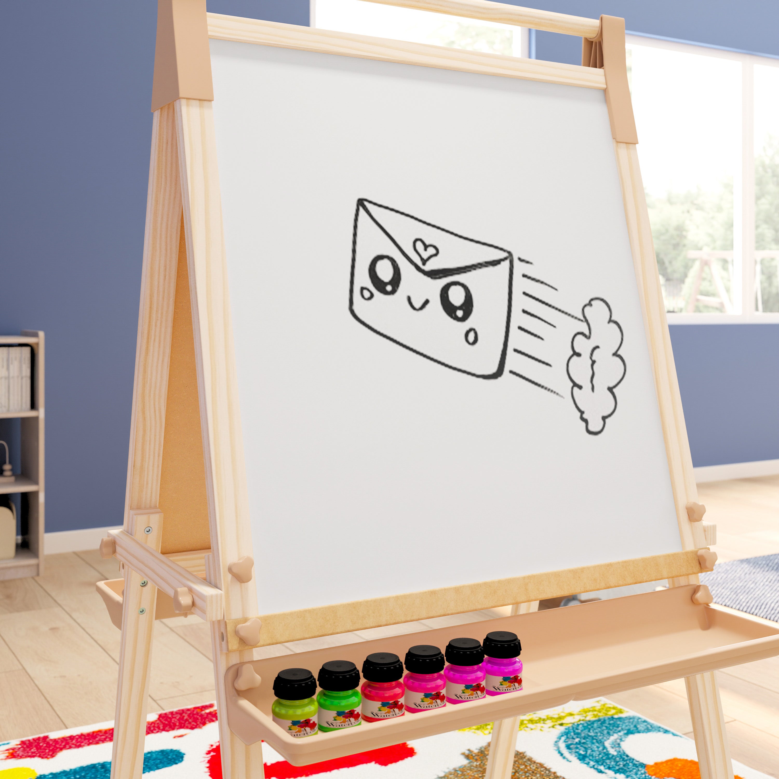 Bright Beginnings Commercial Classroom Freestanding Wood Art Easel with Chalk Board, Dry -Erase Board, 2 Trays, Paper Roller, Paper Tear Bar, Natural