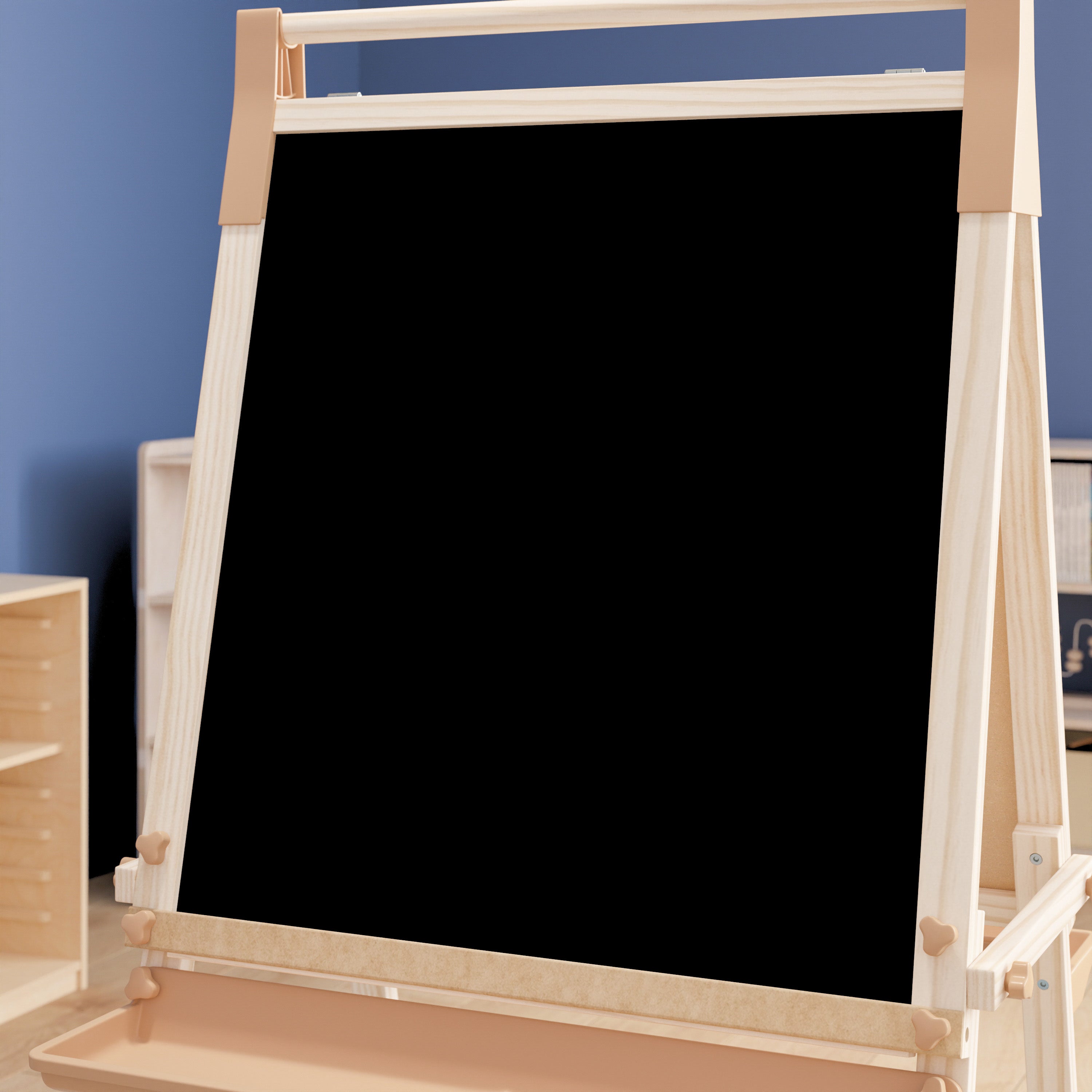 Bright Beginnings Commercial Classroom Freestanding Wood Art Easel with Chalk Board, Dry -Erase Board, 2 Trays, Paper Roller, Paper Tear Bar, Natural