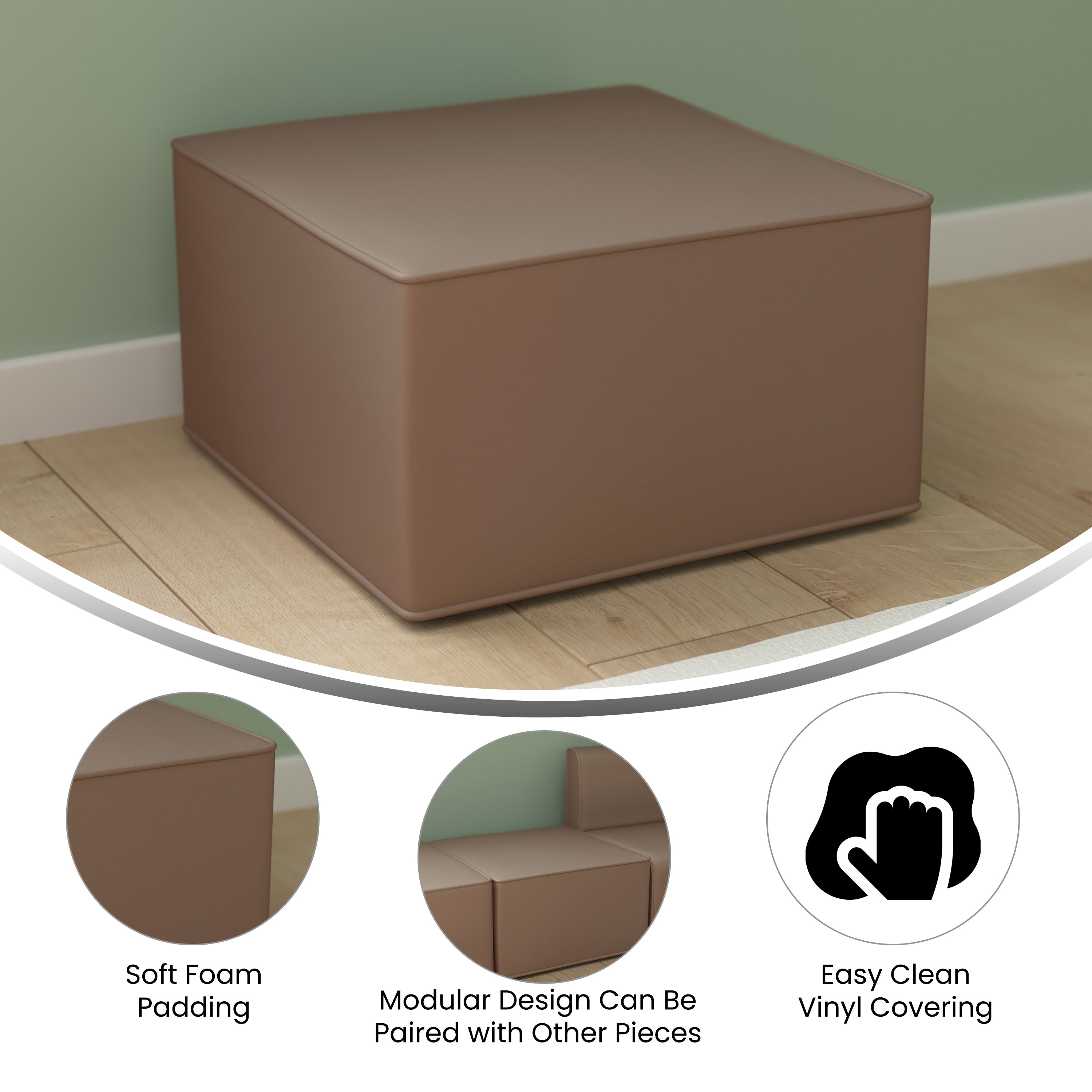 Bright Beginnings Commercial Grade Modular Classroom Soft Seating, 1 Seater Chair/Ottoman, Neutral Vinyl