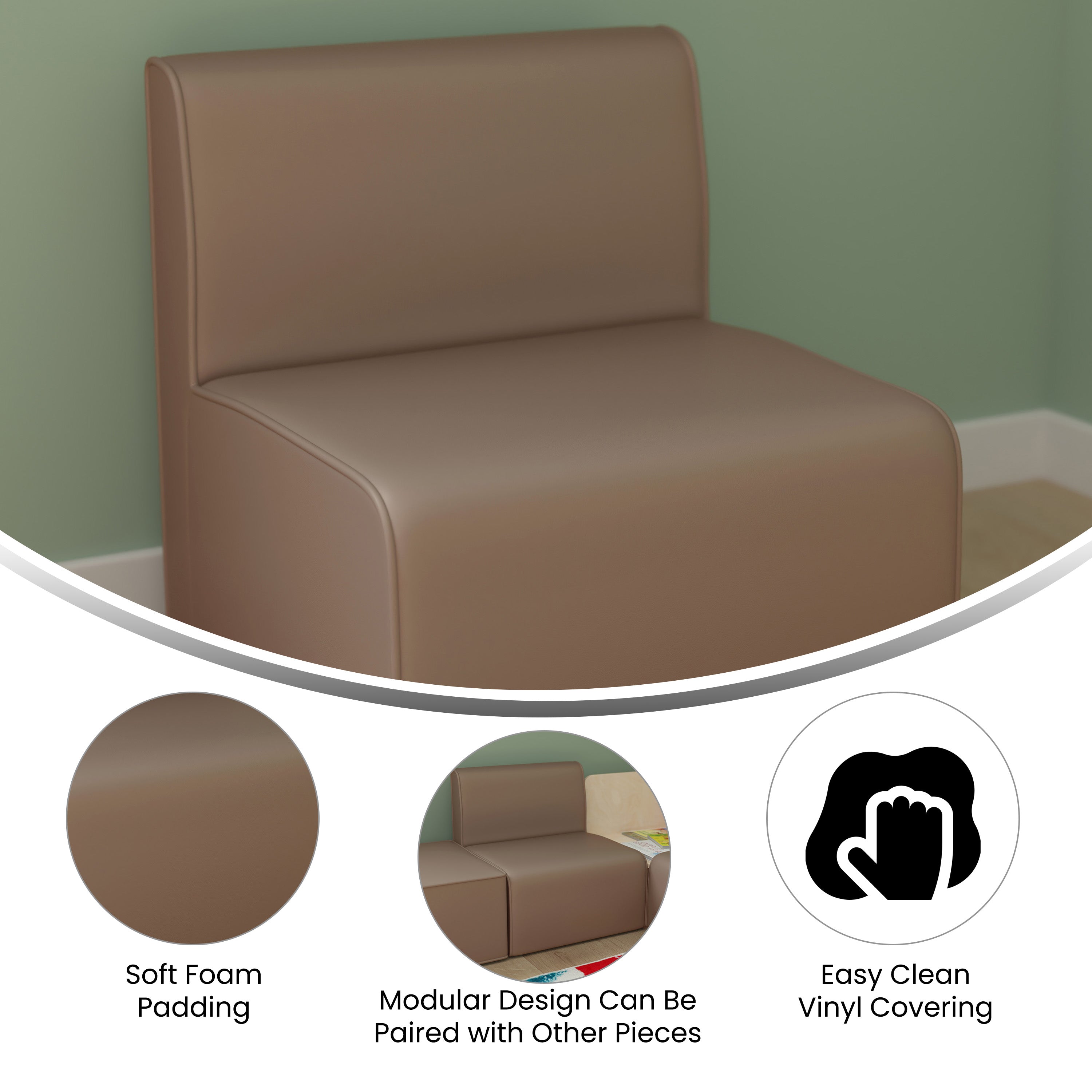Bright Beginnings Commercial Grade Modular Classroom Soft Seating, Armless 1-Seater Sofa, Neutral Vinyl