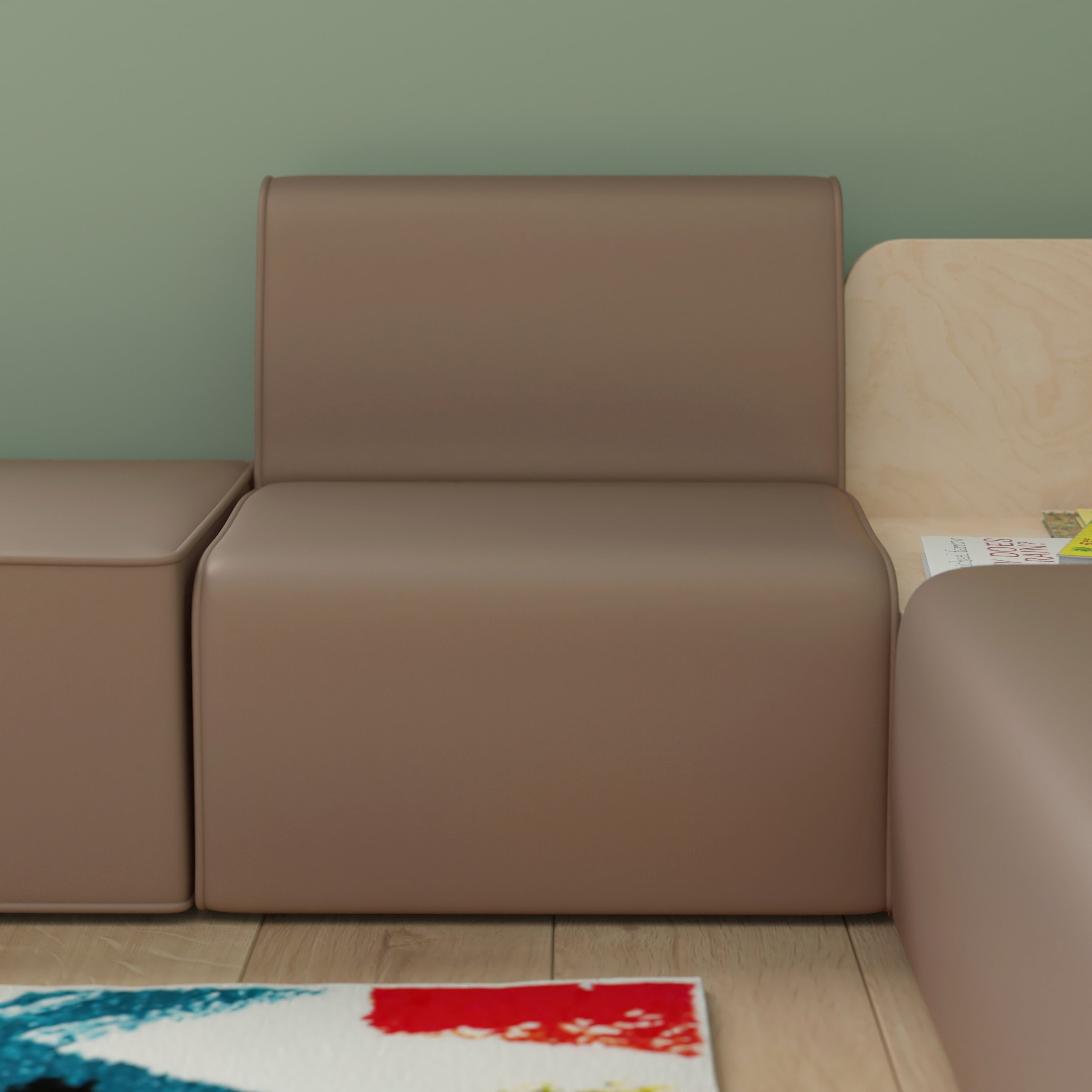 Bright Beginnings Commercial Grade Modular Classroom Soft Seating, Armless 1-Seater Sofa, Neutral Vinyl