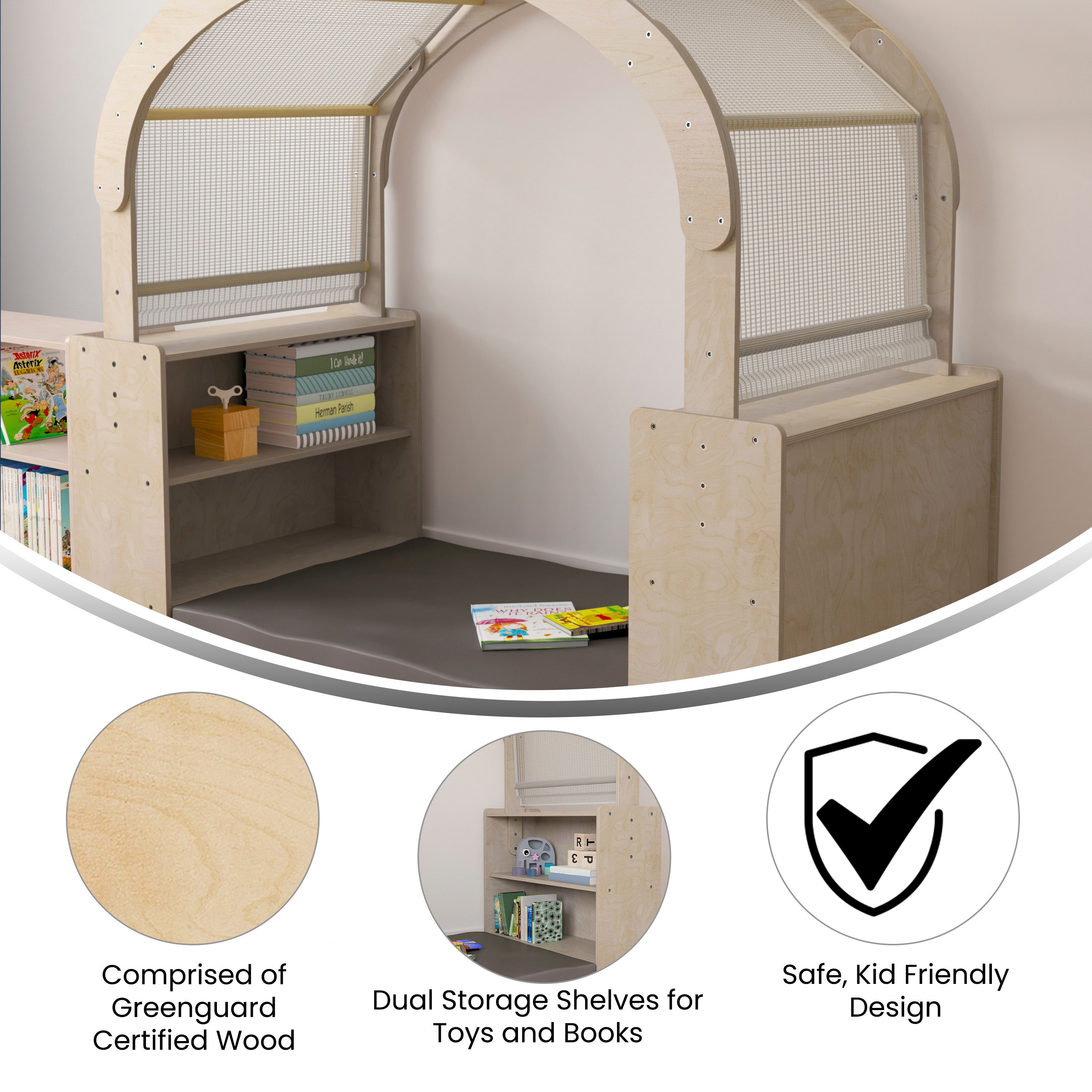 Bright Beginnings Commercial Grade Green Guard Certified Wooden Quiet Corner Reading Nook with Two Storage Shelf Units and Canopy