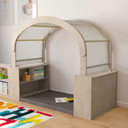 Bright Beginnings Commercial Grade Green Guard Certified Wooden Quiet Corner Reading Nook with Two Storage Shelf Units and Canopy