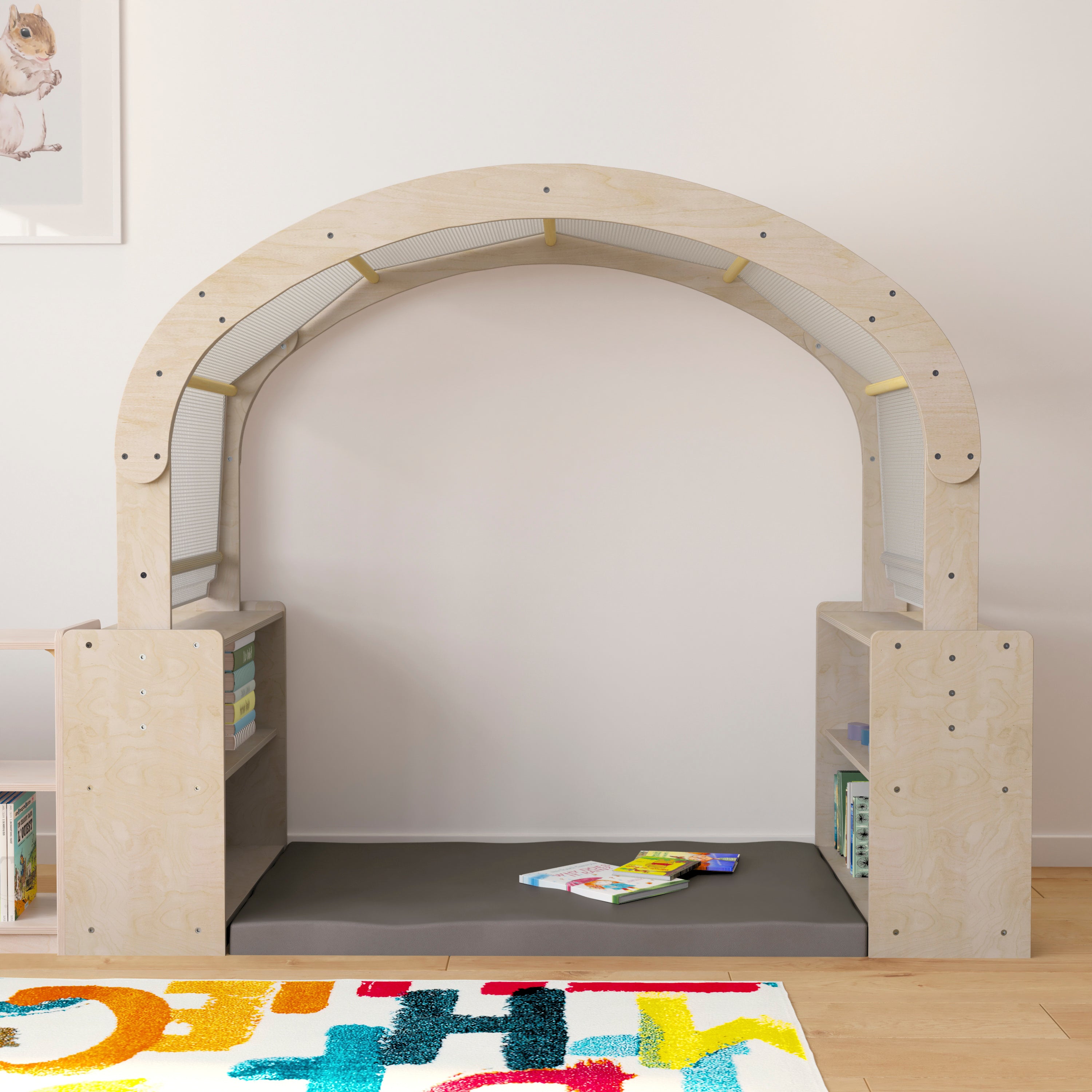 Bright Beginnings Commercial Grade Green Guard Certified Wooden Quiet Corner Reading Nook with Two Storage Shelf Units and Canopy