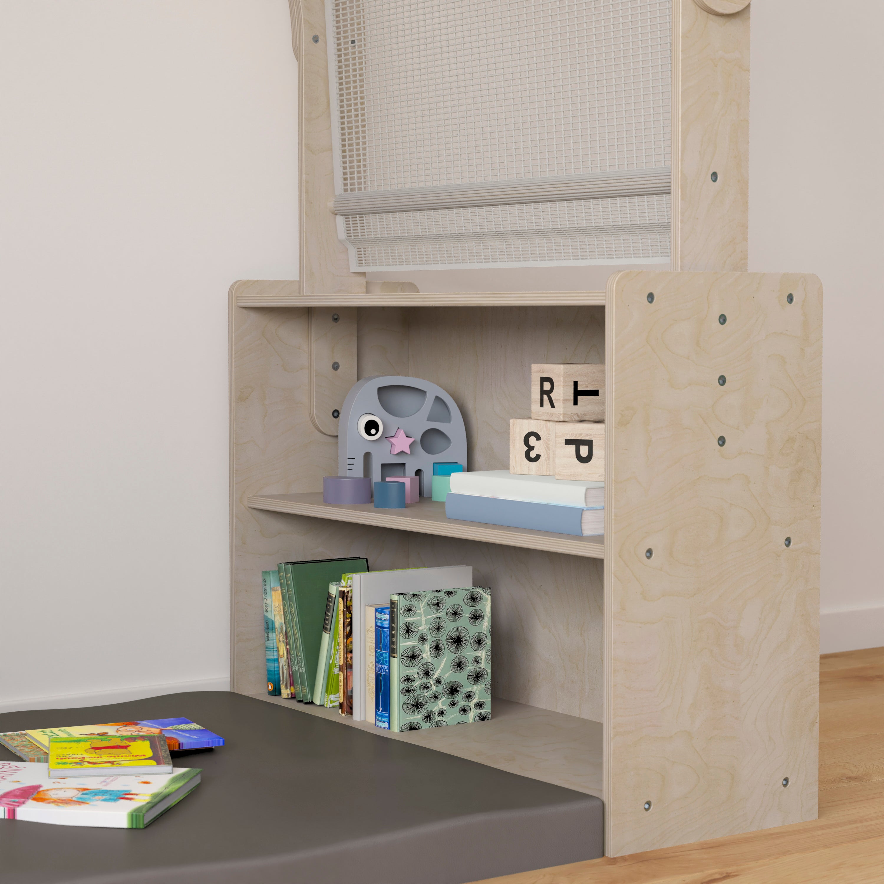Bright Beginnings Commercial Grade Green Guard Certified Wooden Quiet Corner Reading Nook with Two Storage Shelf Units and Canopy
