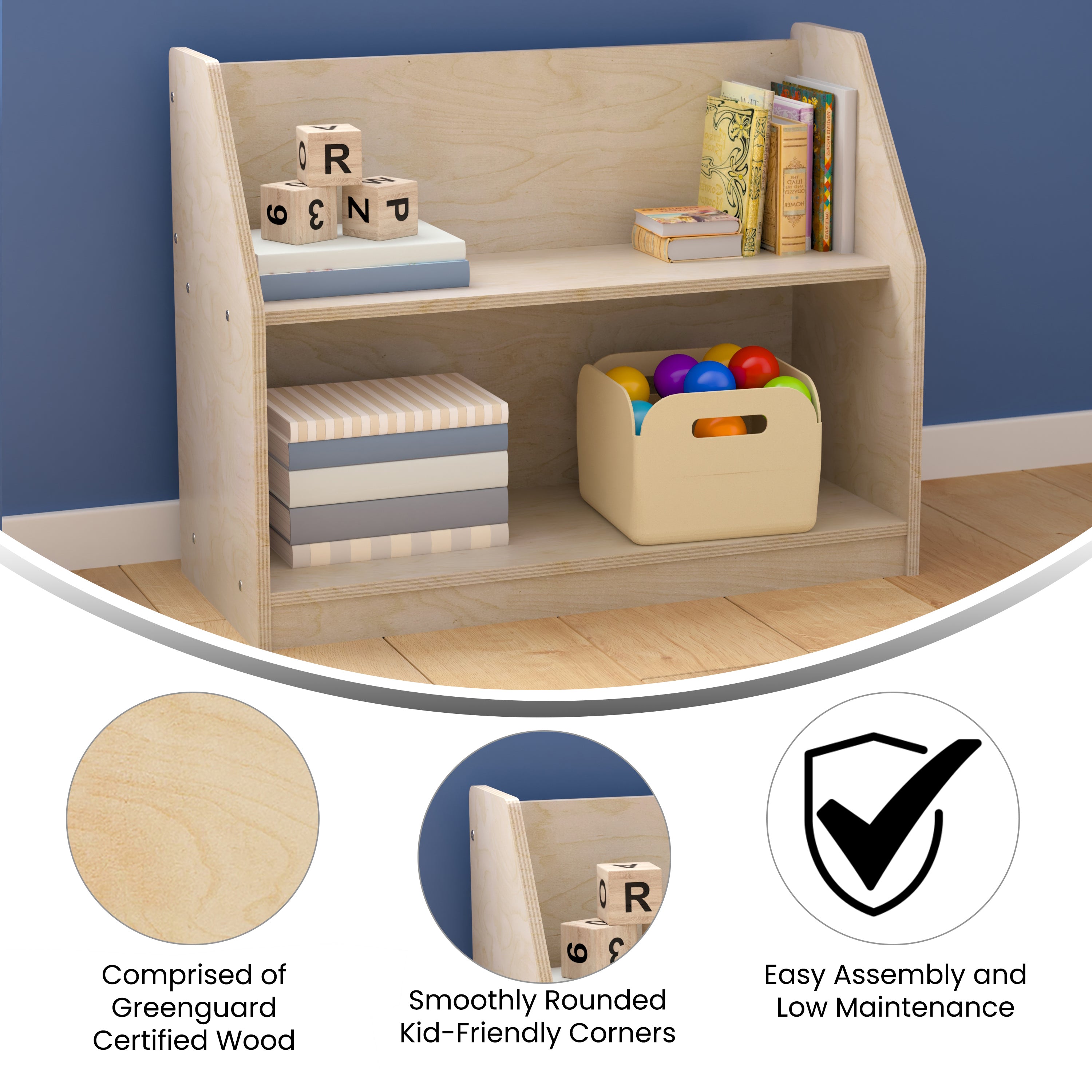 Bright Beginnings Commercial Grade Modular 2 Shelf Wooden Classroom Display Shelf, Natural