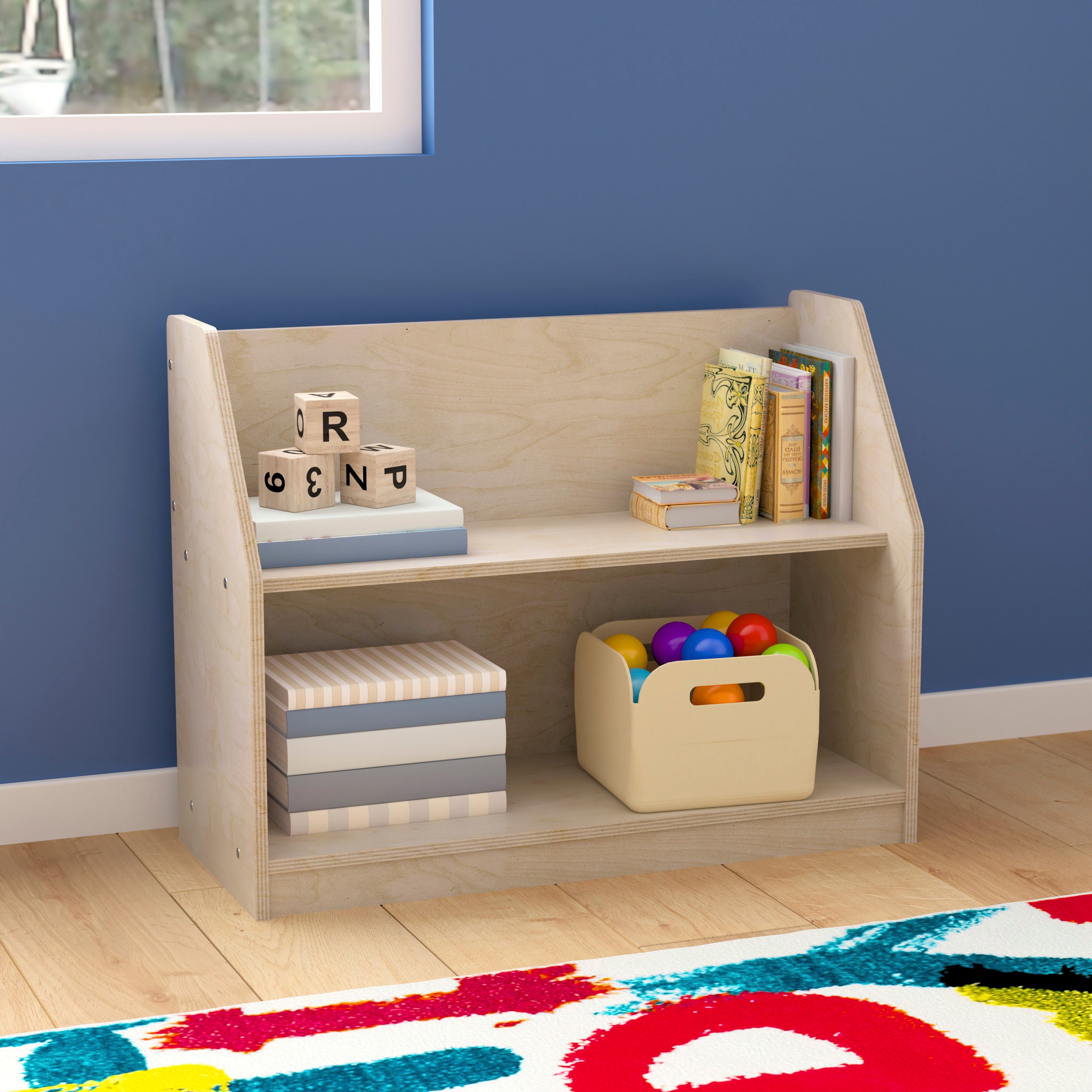Bright Beginnings Commercial Grade Modular 2 Shelf Wooden Classroom Display Shelf, Natural