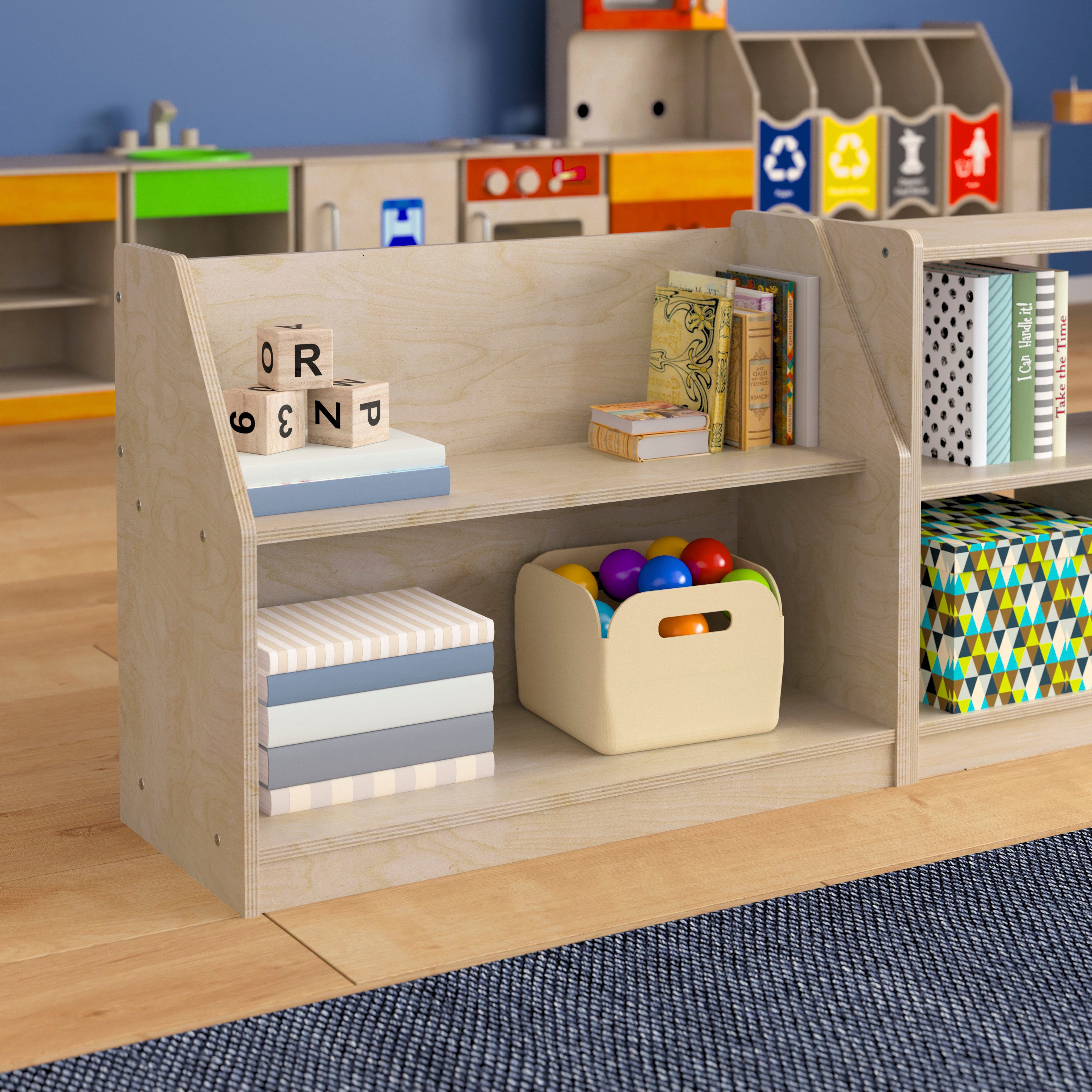 Bright Beginnings Commercial Grade Modular 2 Shelf Wooden Classroom Display Shelf, Natural