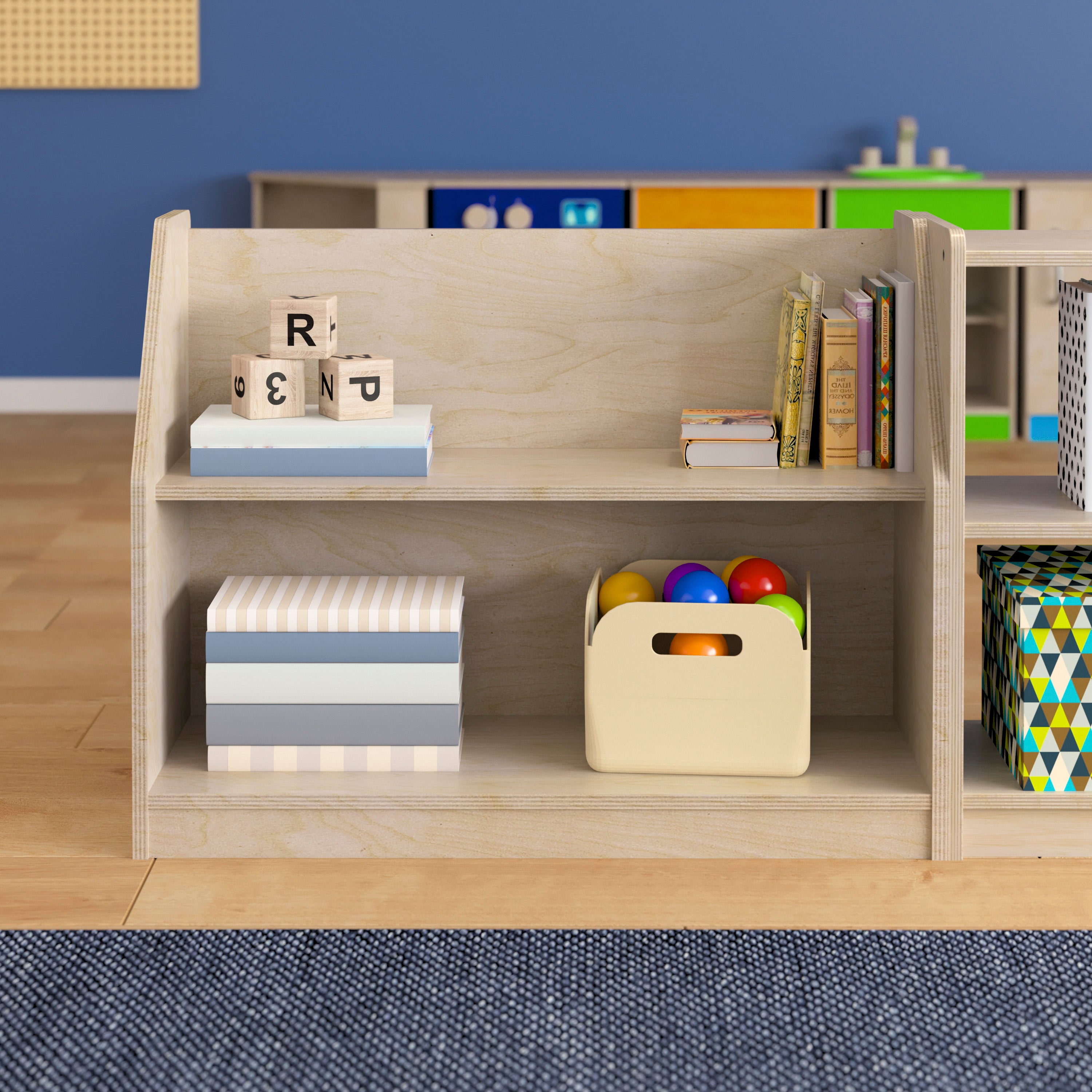 Bright Beginnings Commercial Grade Modular 2 Shelf Wooden Classroom Display Shelf, Natural