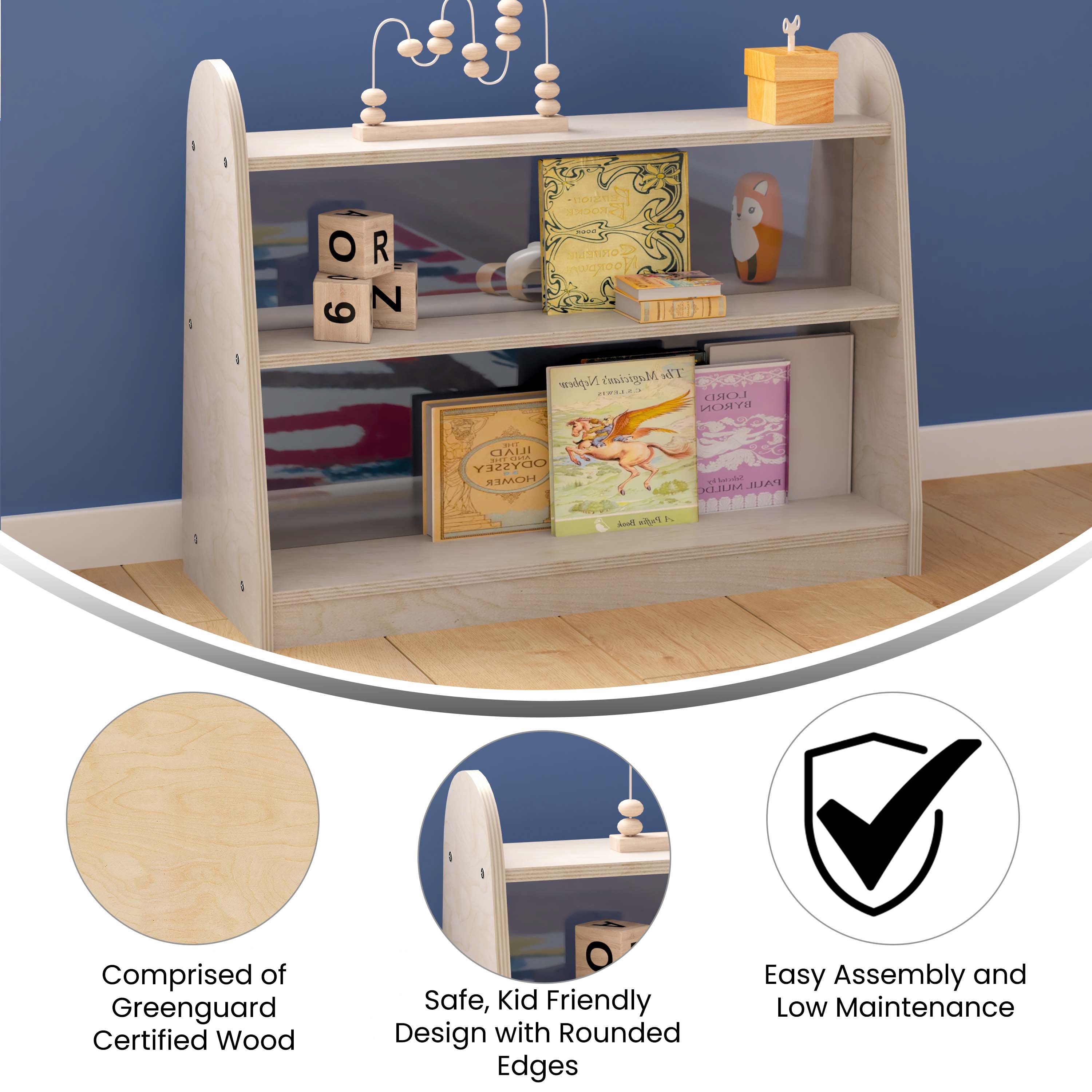 Bright Beginnings Commercial Grade 3 Shelf Double Sided Wooden Classroom Storage Unit with Clear Plastic Divider, Safe, Kid Friendly Design, Natural