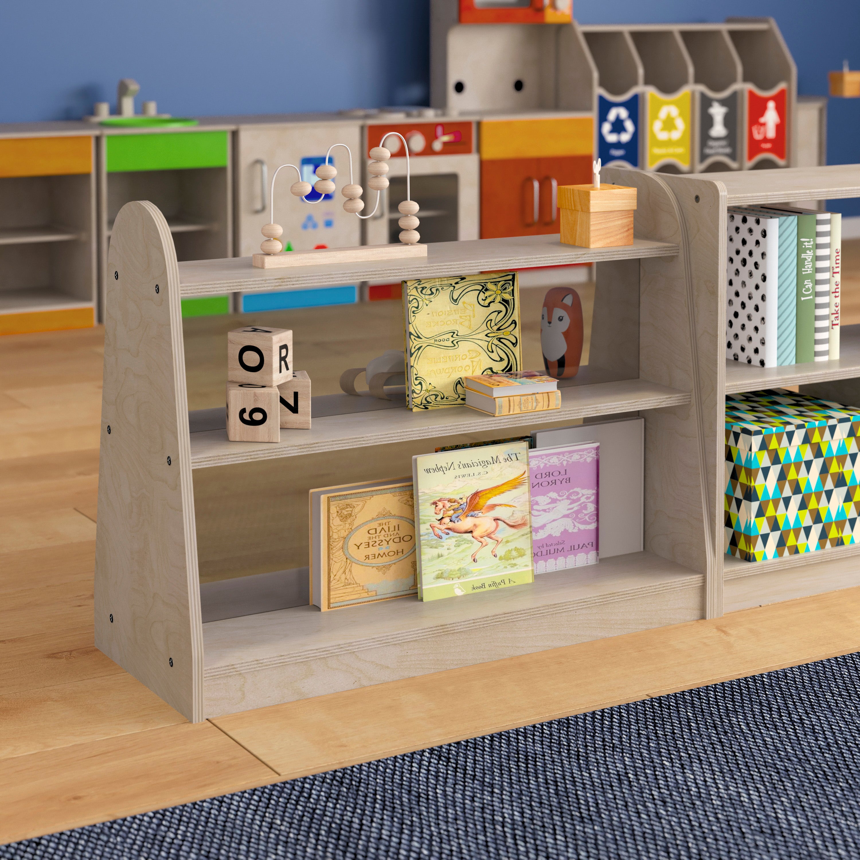 Bright Beginnings Commercial Grade 3 Shelf Double Sided Wooden Classroom Storage Unit with Clear Plastic Divider, Safe, Kid Friendly Design, Natural