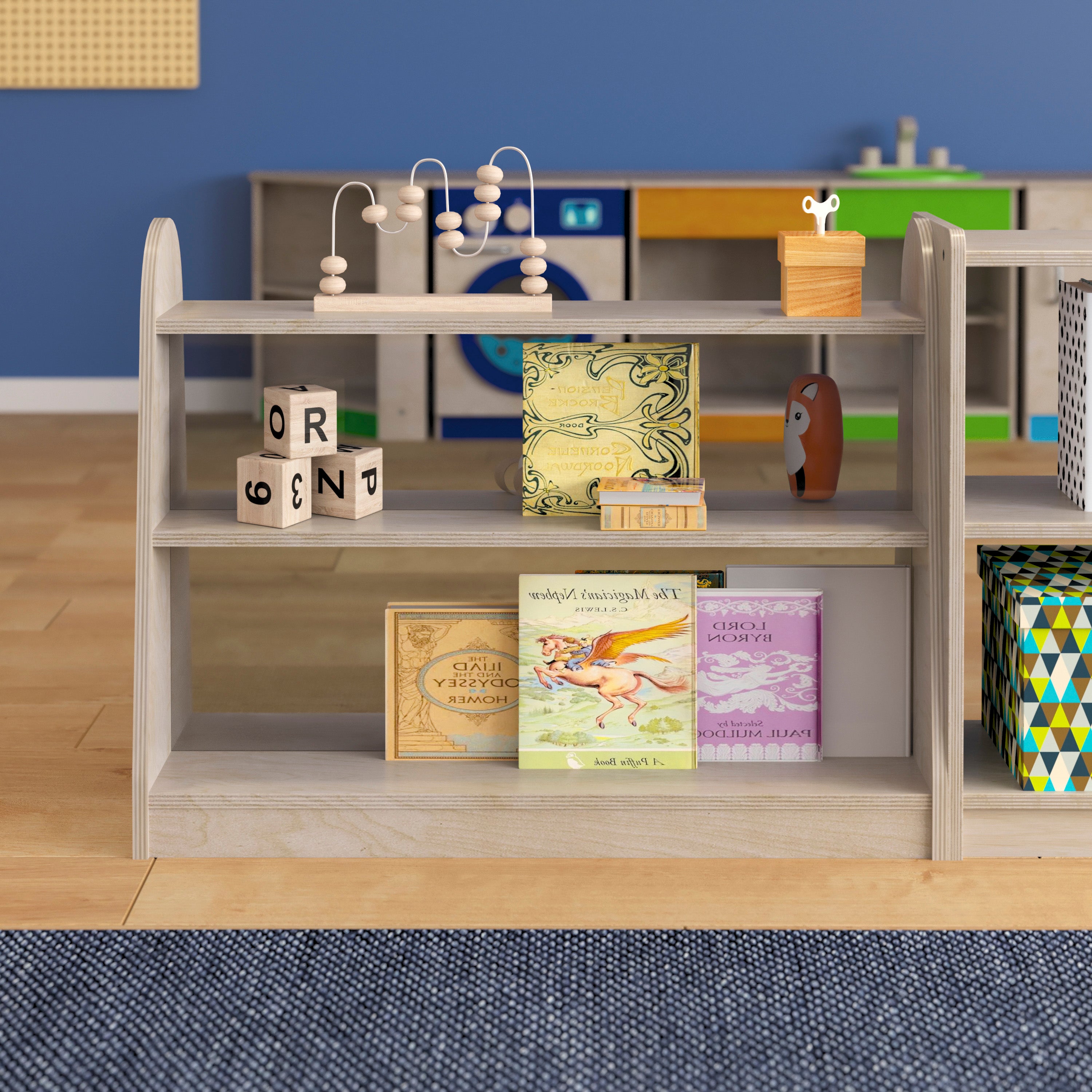 Bright Beginnings Commercial Grade 3 Shelf Double Sided Wooden Classroom Storage Unit with Clear Plastic Divider, Safe, Kid Friendly Design, Natural