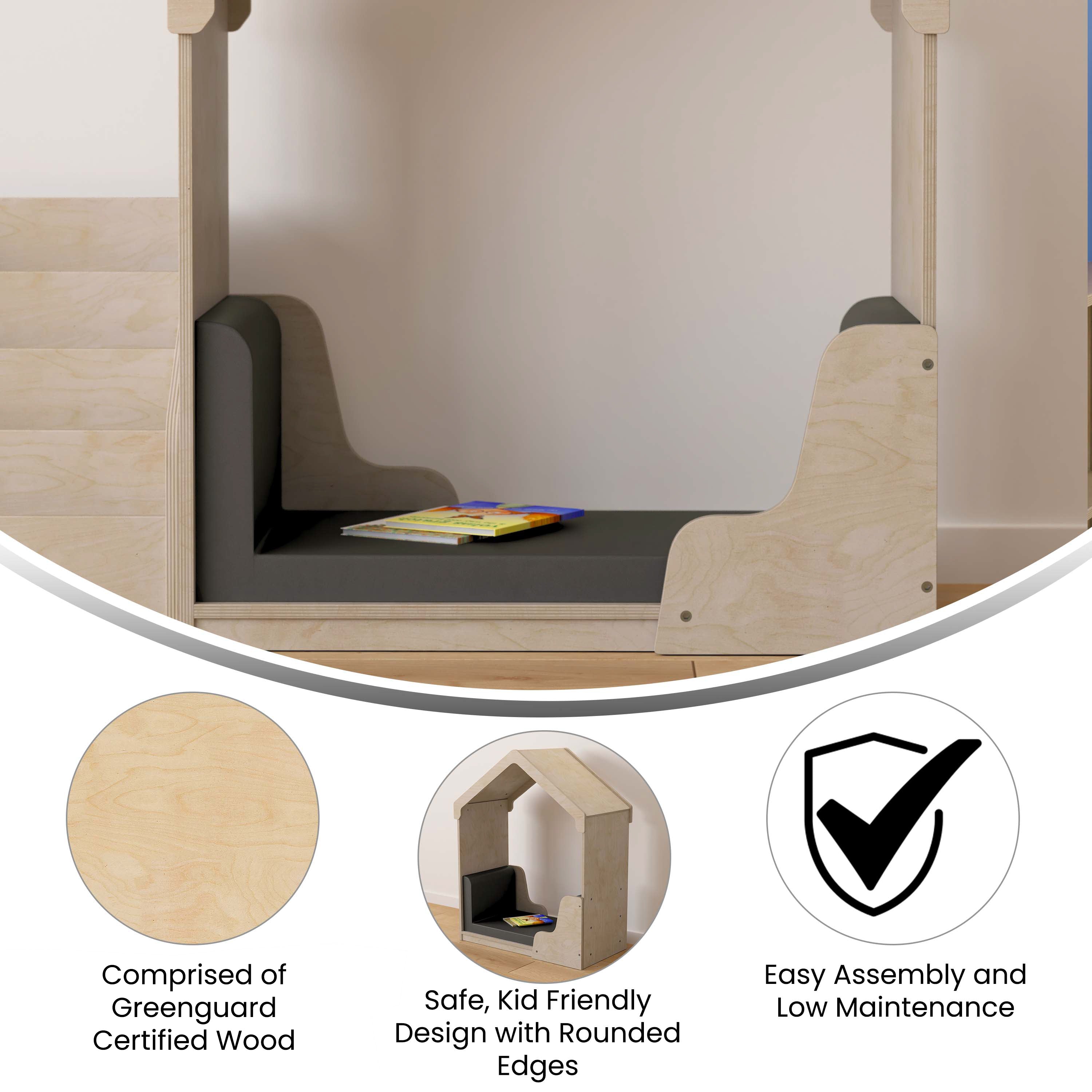 Bright Beginnings Commercial Grade Green Guard Certified Wooden Quiet Corner Reading Nook with Padded Soft Seating