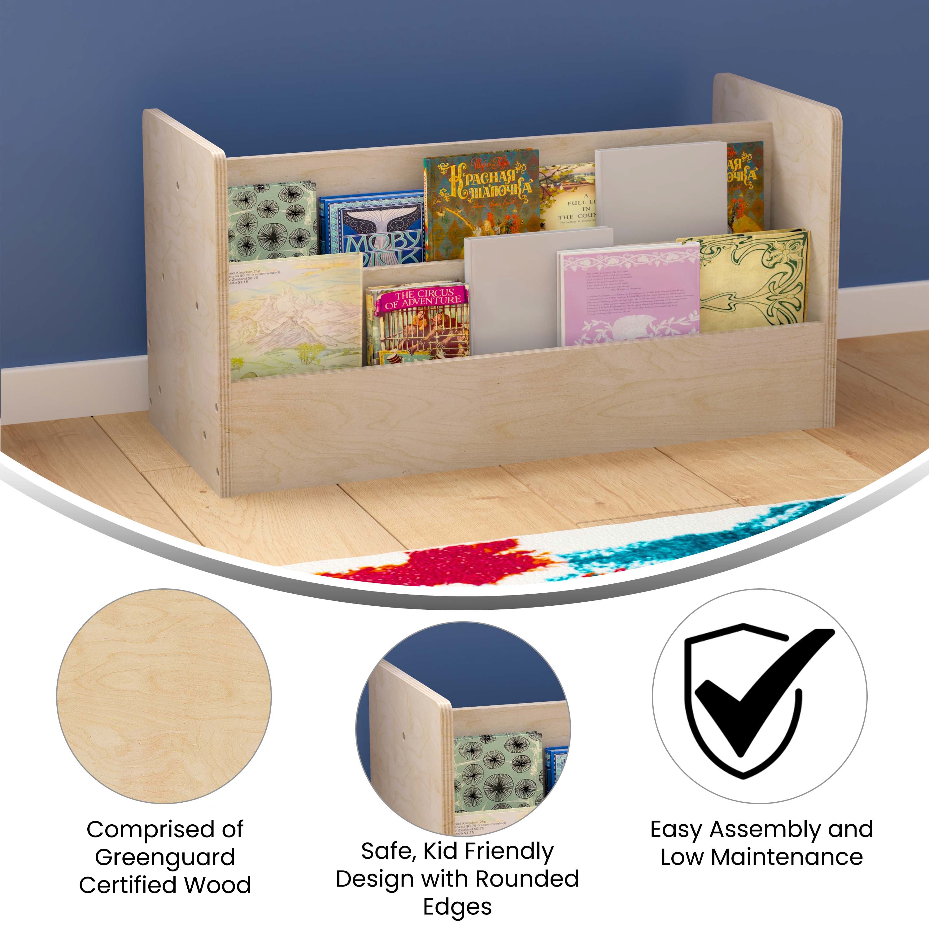 Bright Beginnings Commercial Grade Modular Double Sided 2 Tier Wooden Classroom Book Display Shelf, Natural