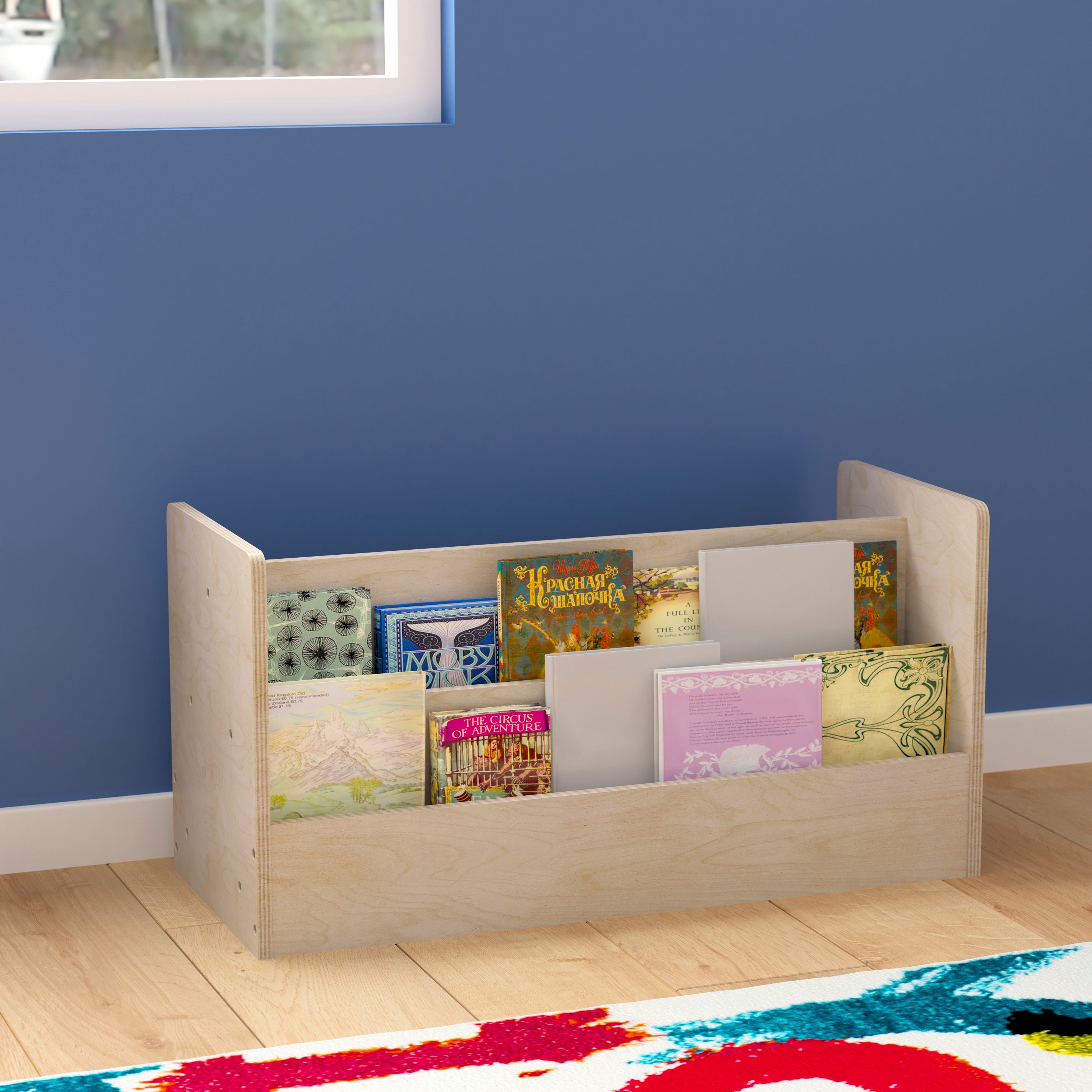 Bright Beginnings Commercial Grade Modular Double Sided 2 Tier Wooden Classroom Book Display Shelf, Natural