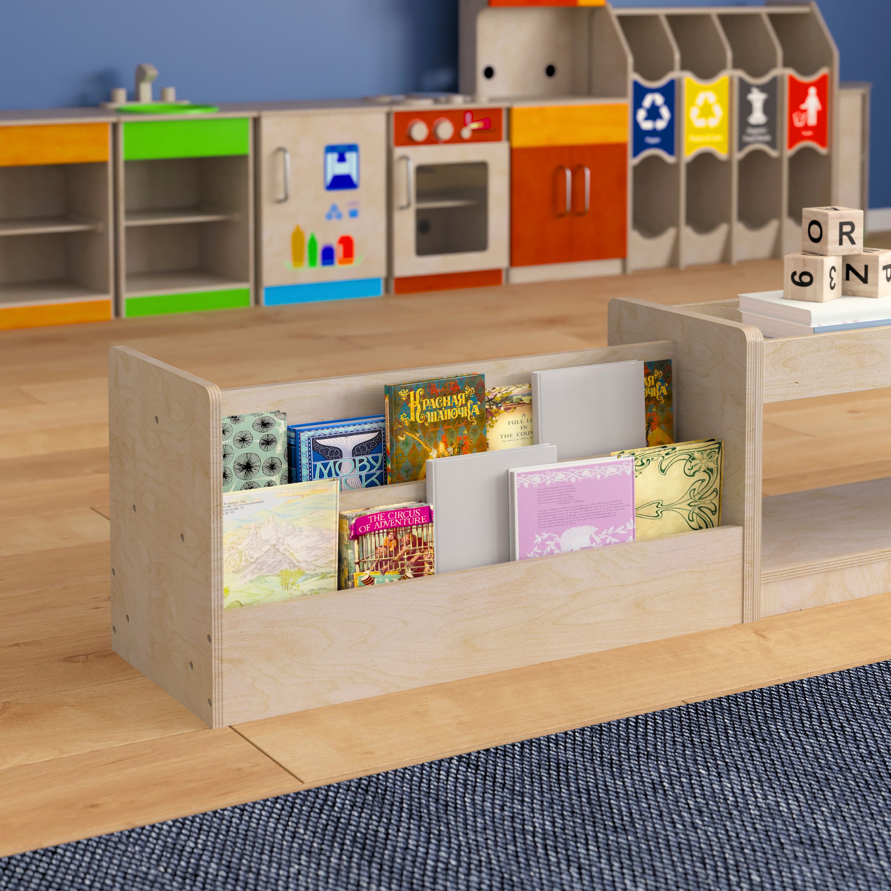 Bright Beginnings Commercial Grade Modular Double Sided 2 Tier Wooden Classroom Book Display Shelf, Natural