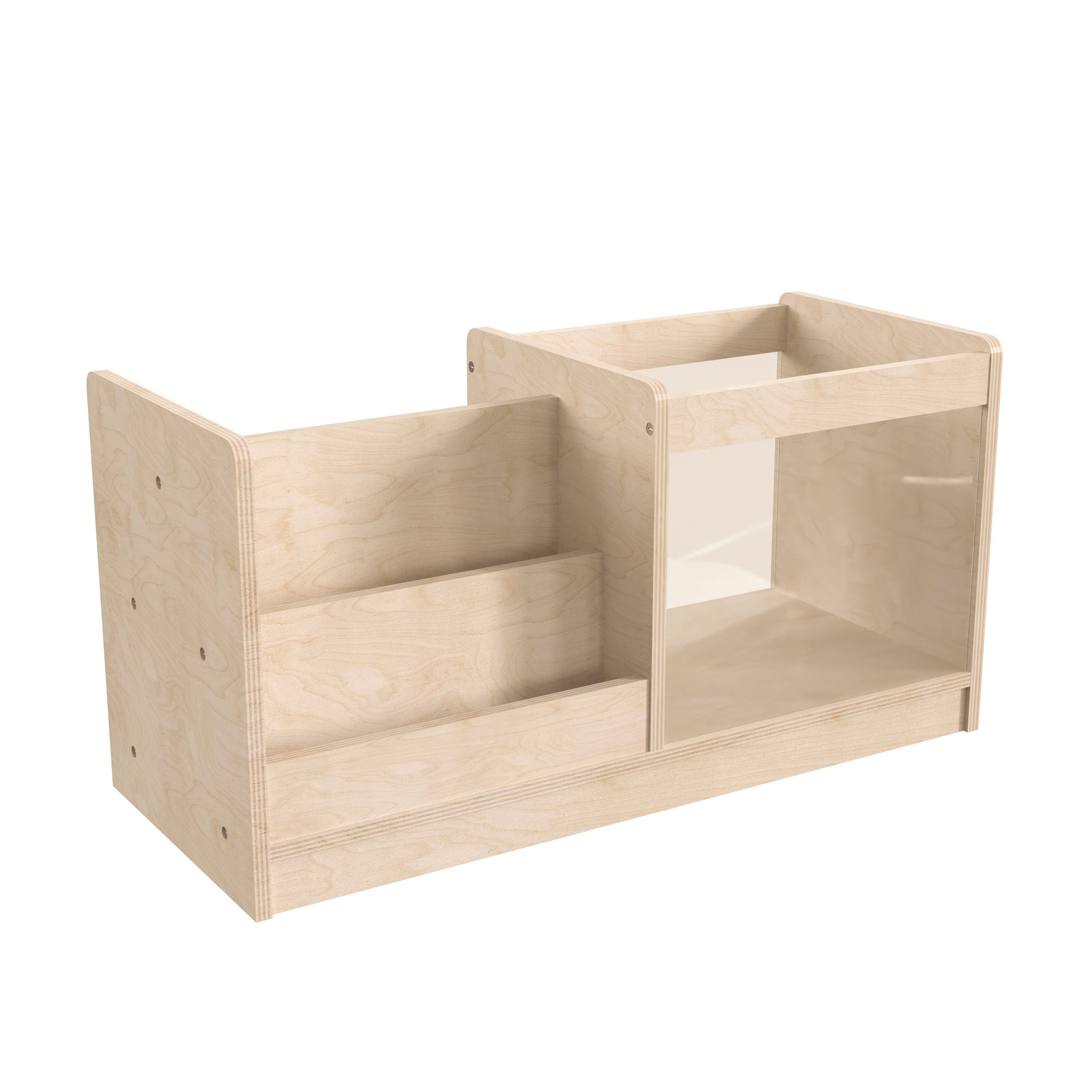 Bright Beginnings Commercial Grade Modular Double Sided 2 Tier Wooden Classroom Book Display Shelf with Transparent Storage Bin, Natural
