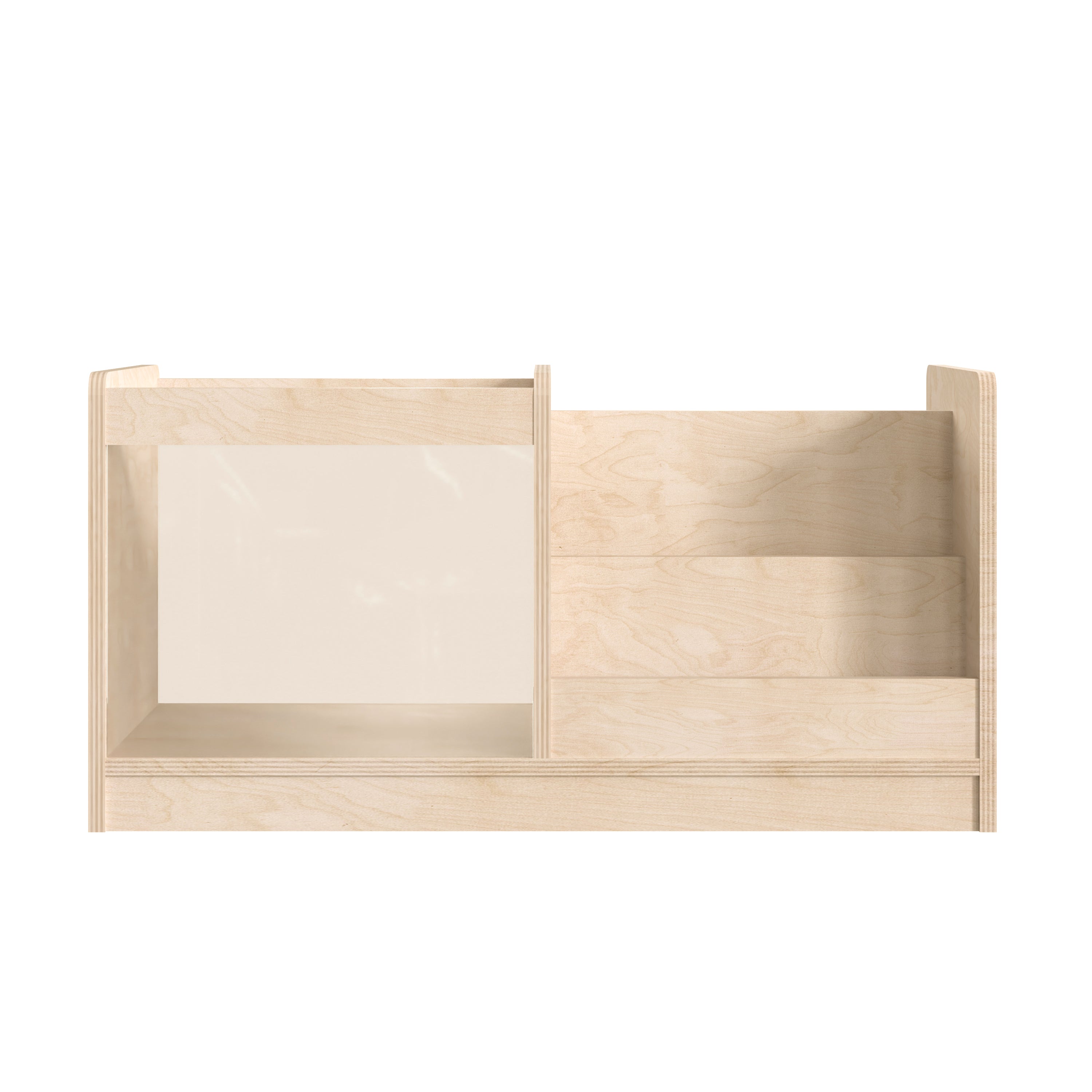 Bright Beginnings Commercial Grade Modular Double Sided 2 Tier Wooden Classroom Book Display Shelf with Transparent Storage Bin, Natural