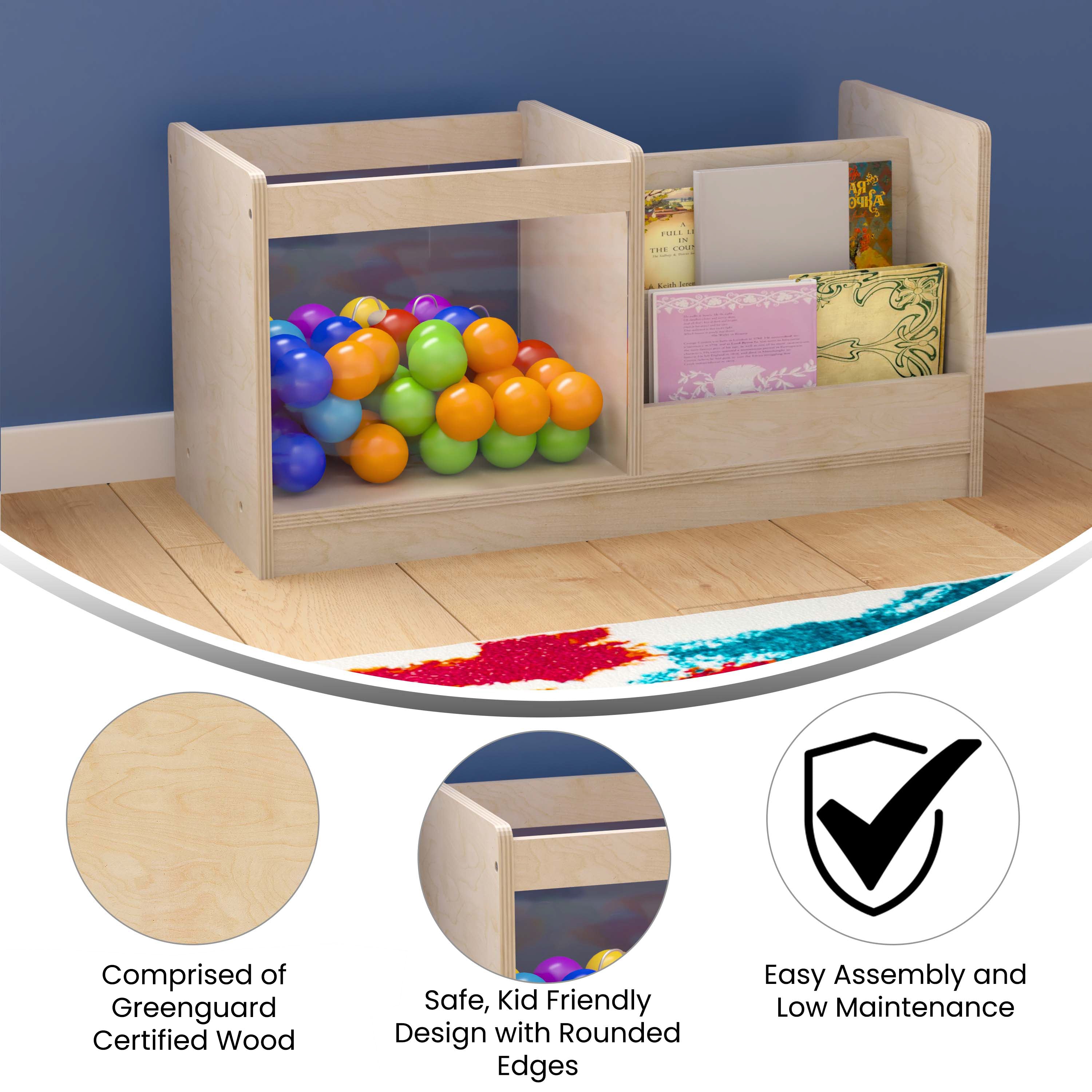 Bright Beginnings Commercial Grade Modular Double Sided 2 Tier Wooden Classroom Book Display Shelf with Transparent Storage Bin, Natural