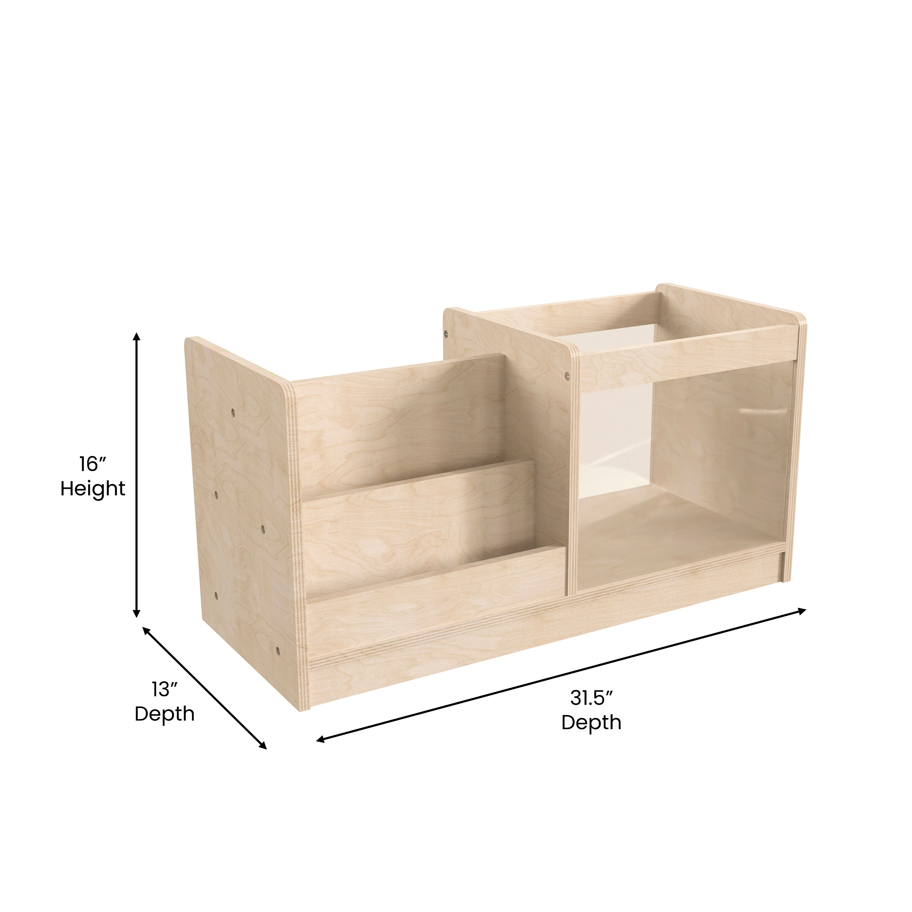 Bright Beginnings Commercial Grade Modular Double Sided 2 Tier Wooden Classroom Book Display Shelf with Transparent Storage Bin, Natural