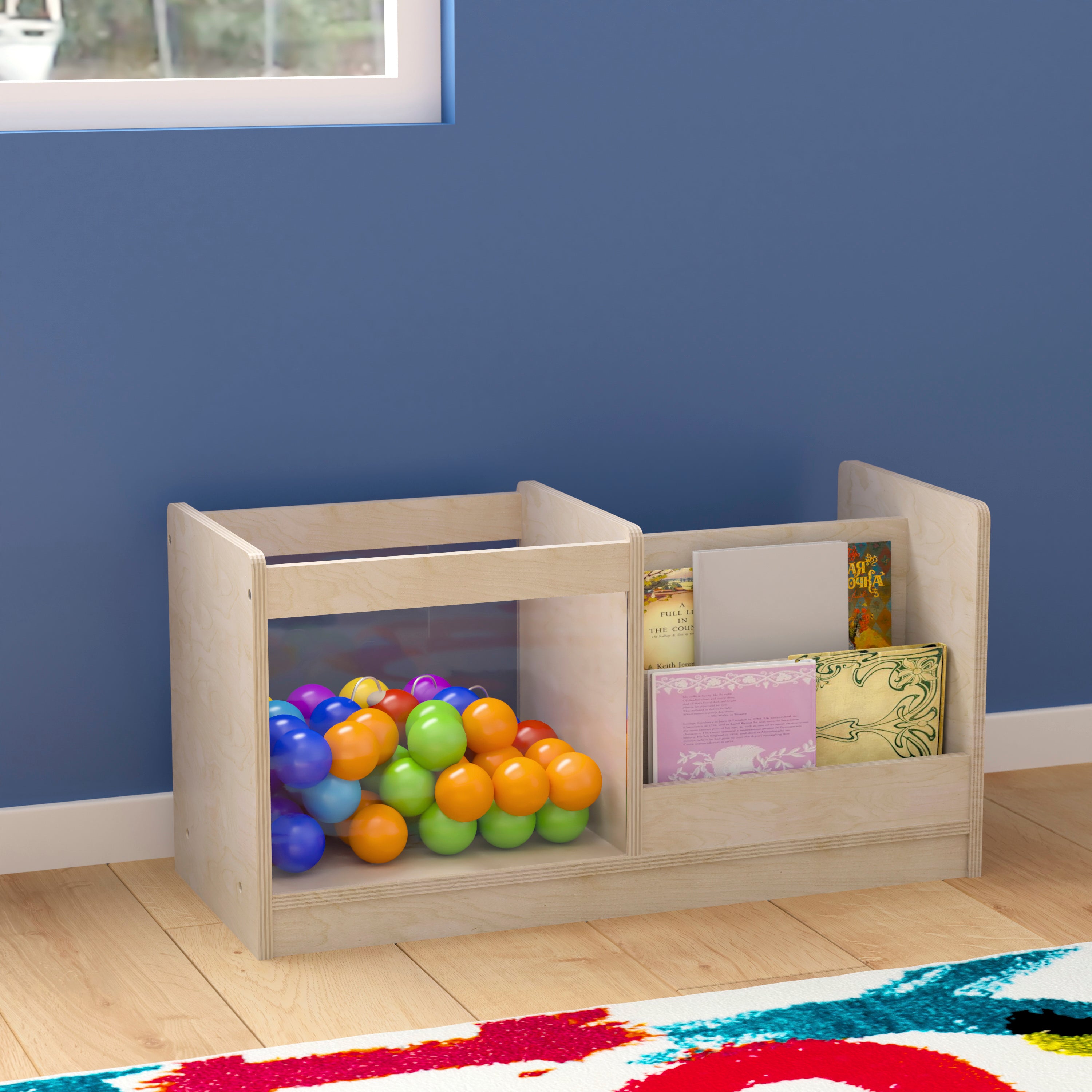 Bright Beginnings Commercial Grade Modular Double Sided 2 Tier Wooden Classroom Book Display Shelf with Transparent Storage Bin, Natural