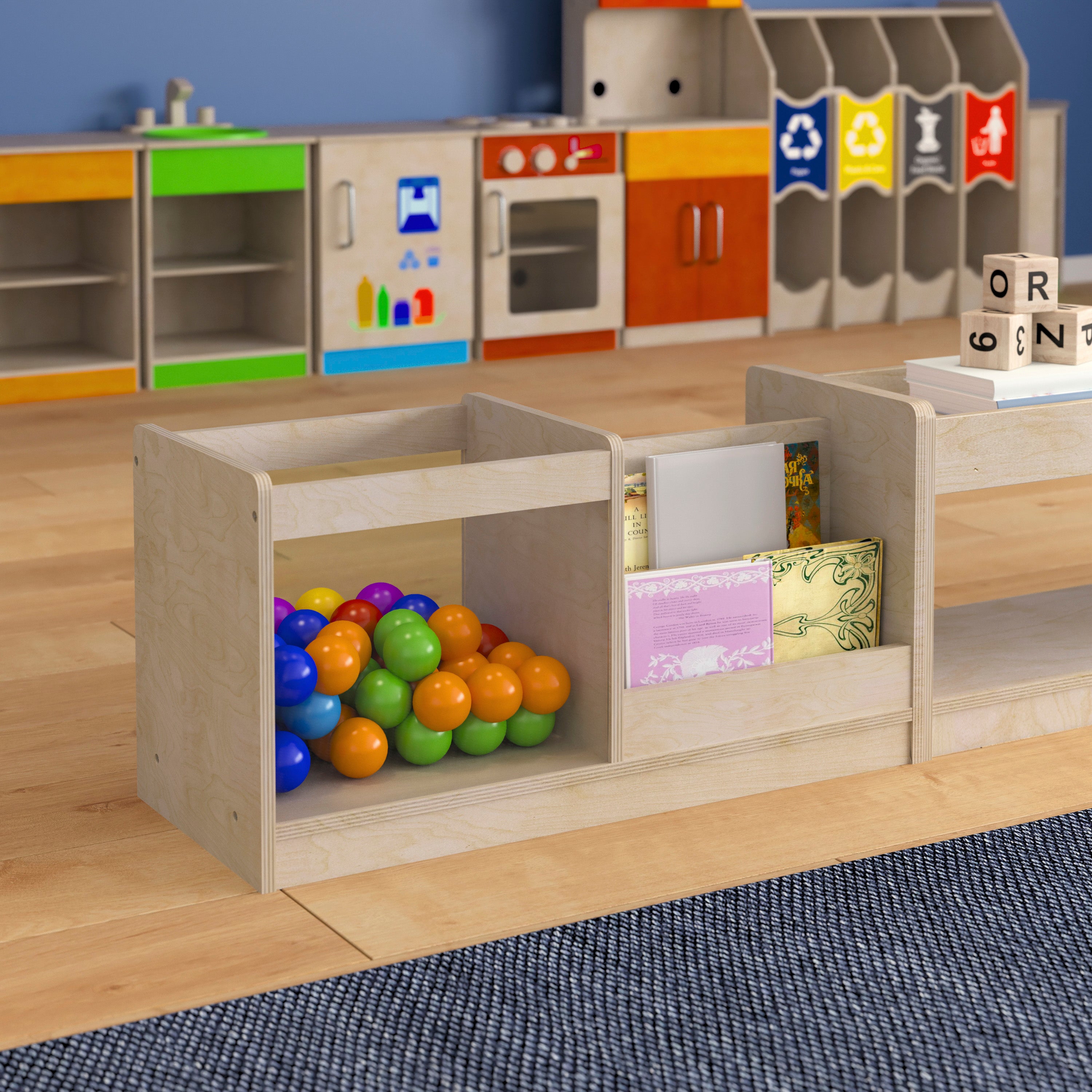 Bright Beginnings Commercial Grade Modular Double Sided 2 Tier Wooden Classroom Book Display Shelf with Transparent Storage Bin, Natural