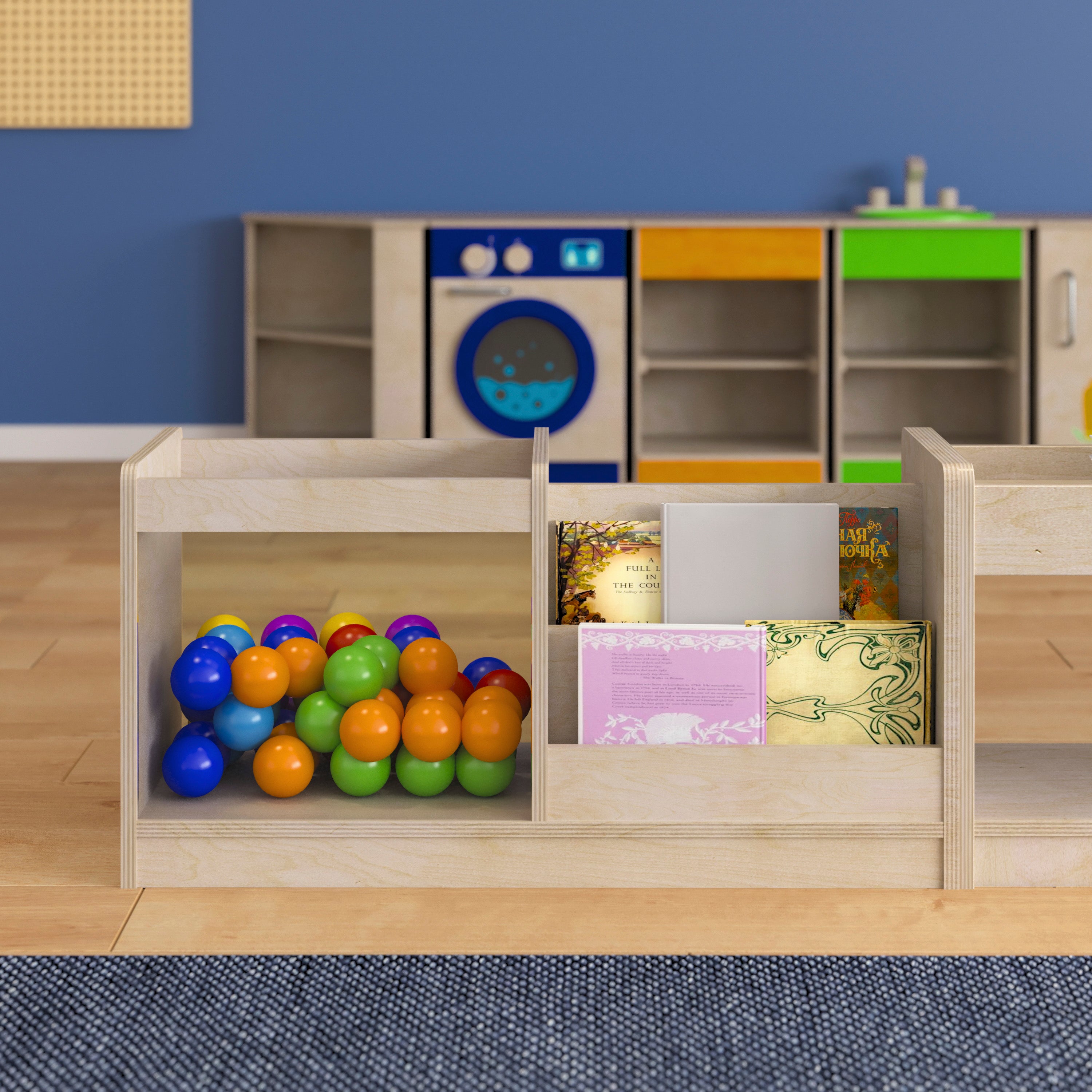Bright Beginnings Commercial Grade Modular Double Sided 2 Tier Wooden Classroom Book Display Shelf with Transparent Storage Bin, Natural