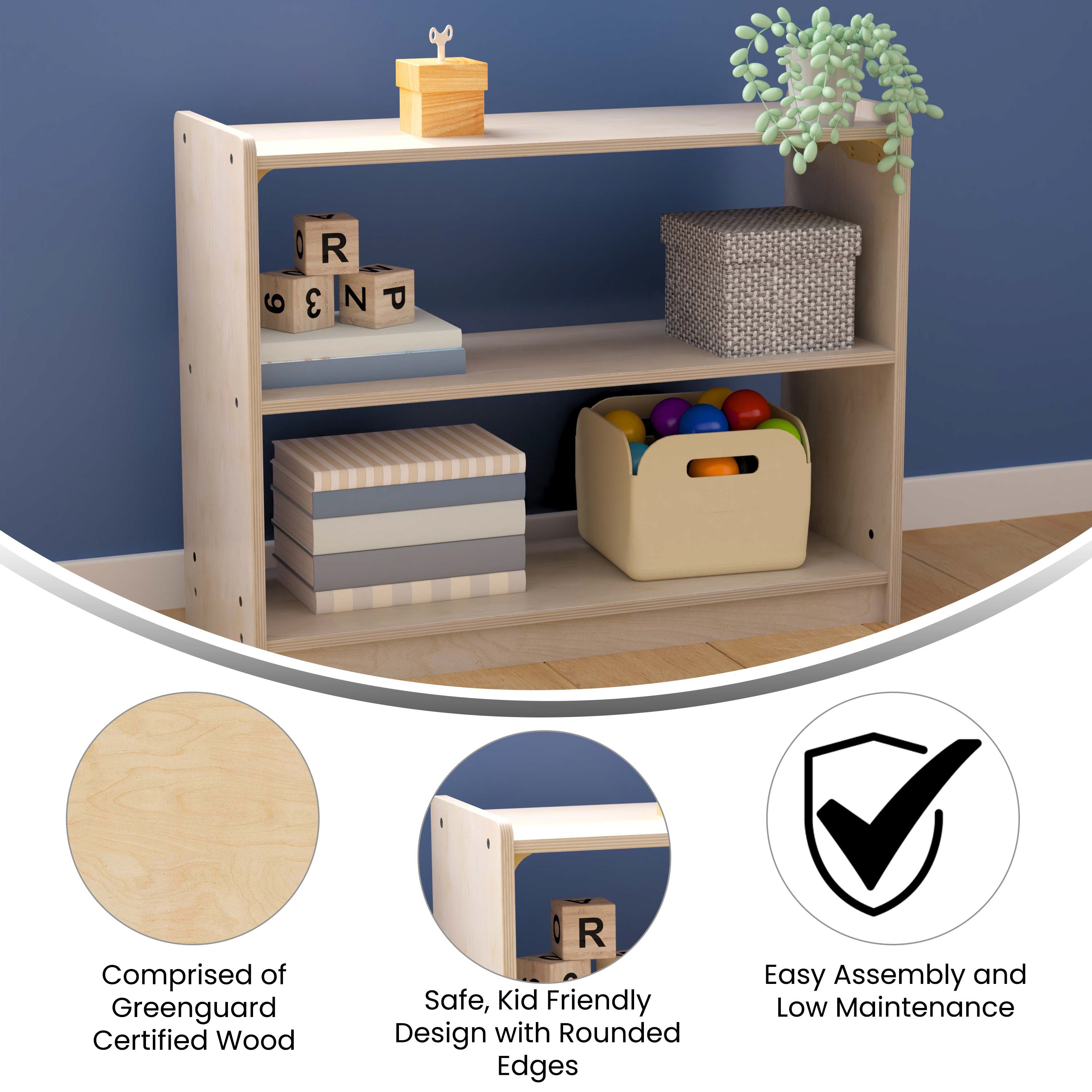 Bright Beginnings Commercial Grade 2 Shelf Wooden Classroom Open Storage Unit, Safe, Kid Friendly Design, Natural
