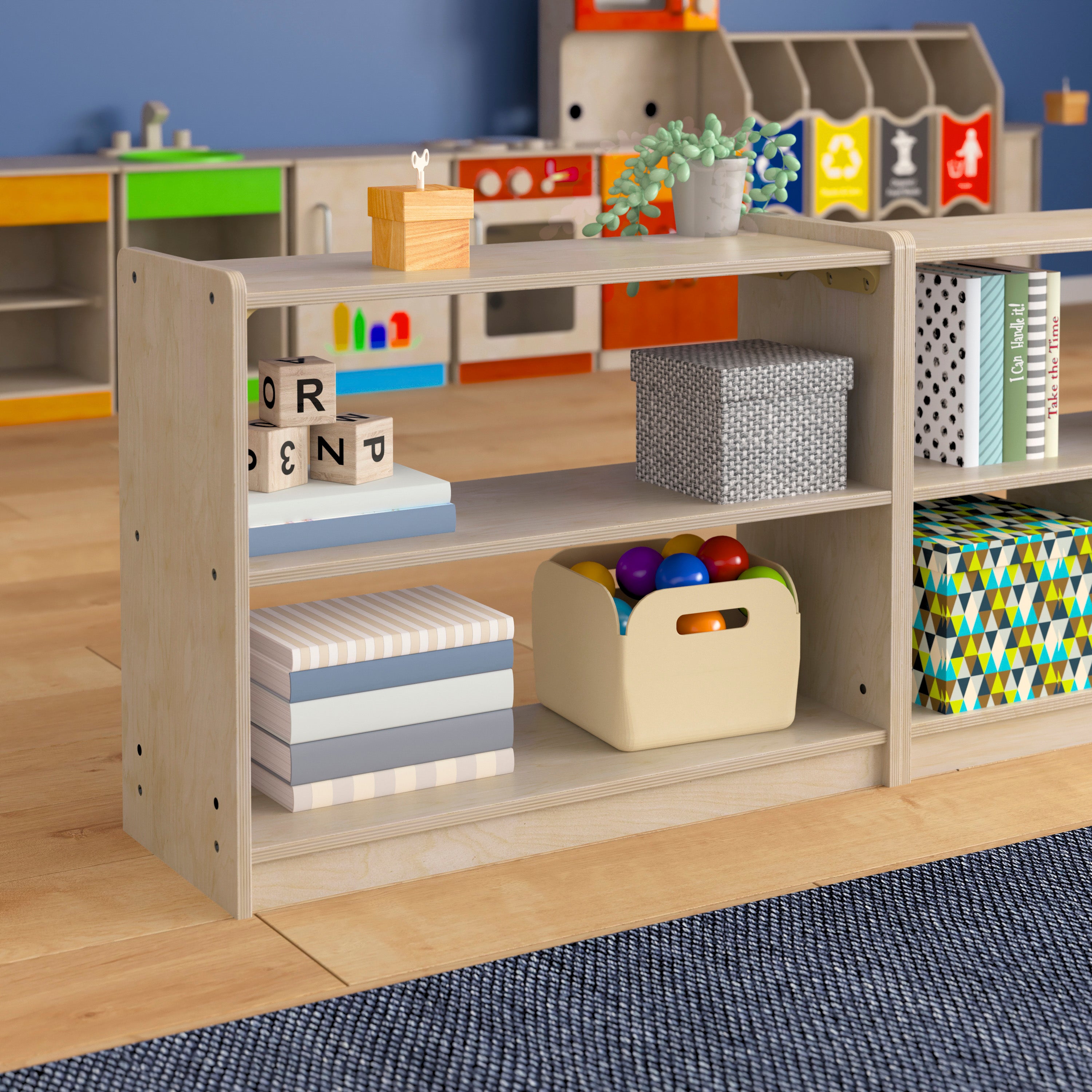 Bright Beginnings Commercial Grade 2 Shelf Wooden Classroom Open Storage Unit, Safe, Kid Friendly Design, Natural